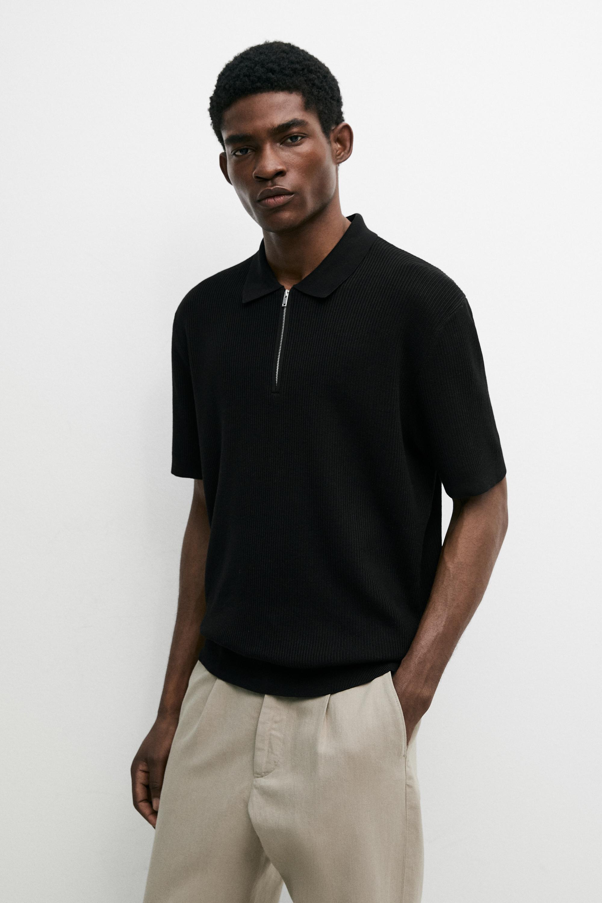Knit polo sweater with quarter-zip collar — BLACK