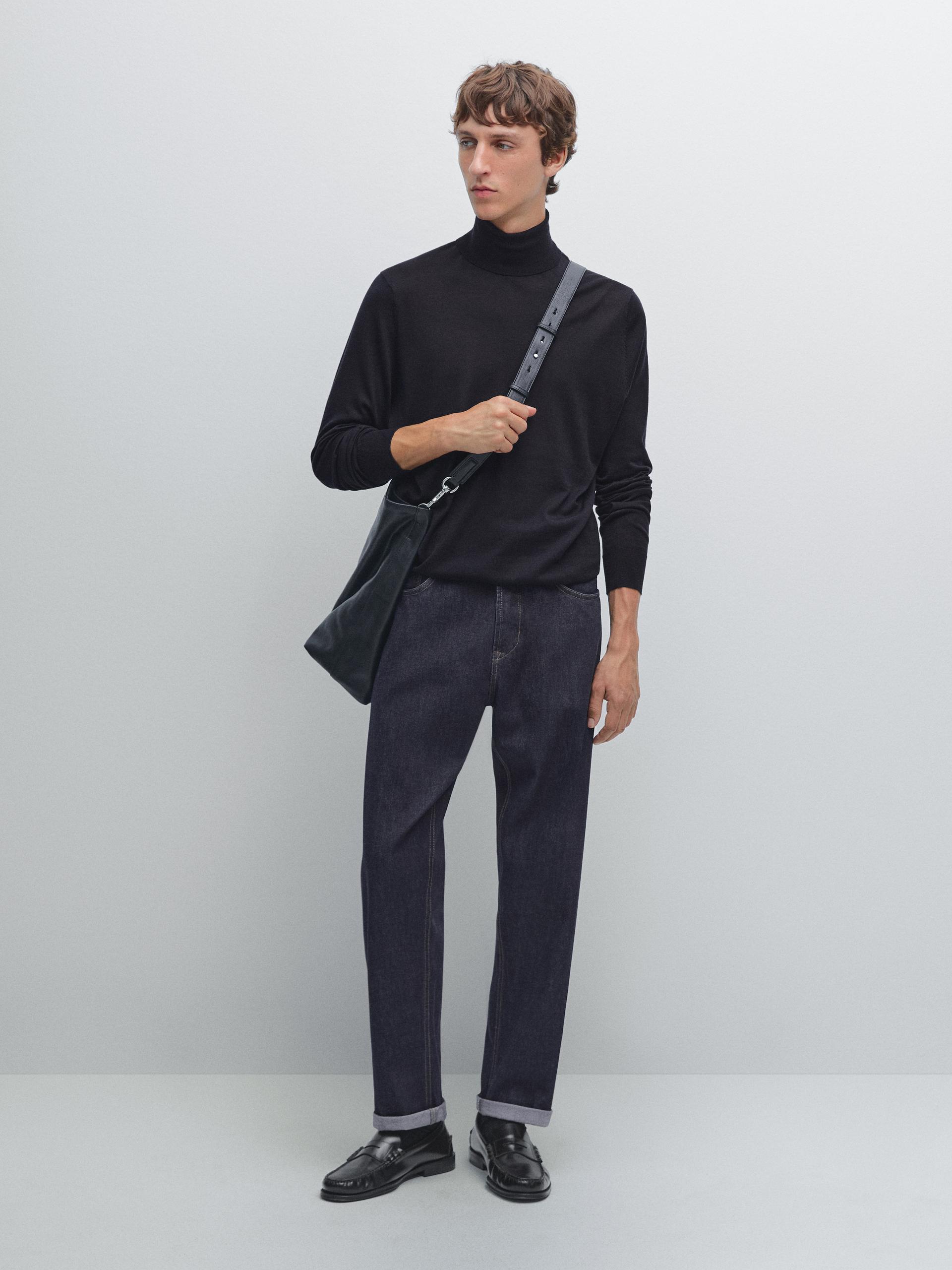 Dzianinowy Sweter Z Mieszanki Wełny Z Półgolfem - Granatowy - S - Massimo Dutti - Mężczyzna