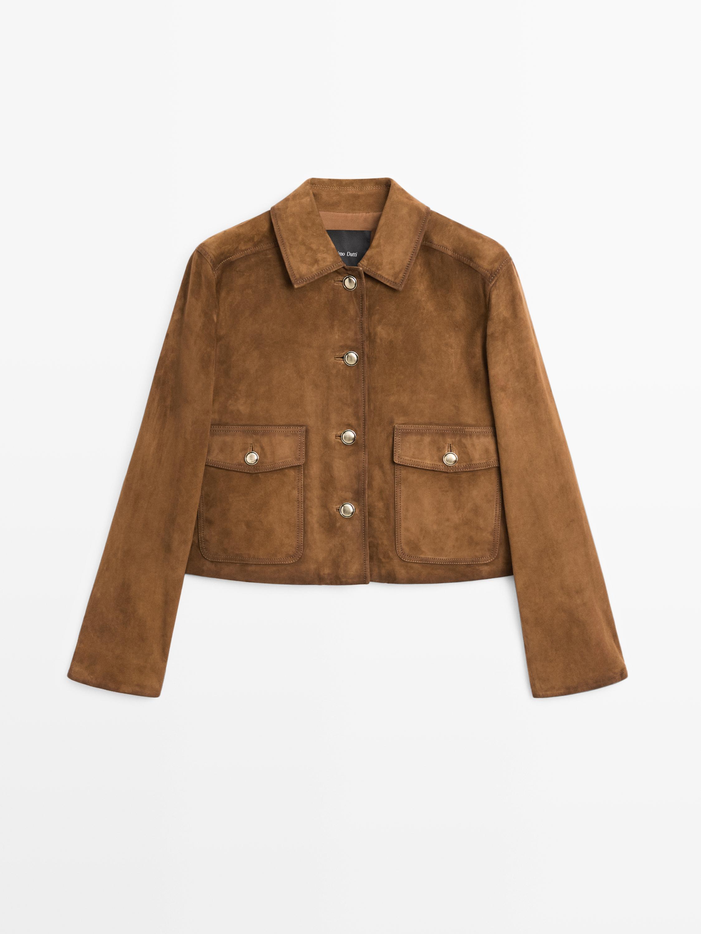 Suede leather jacket with gold-toned buttons
