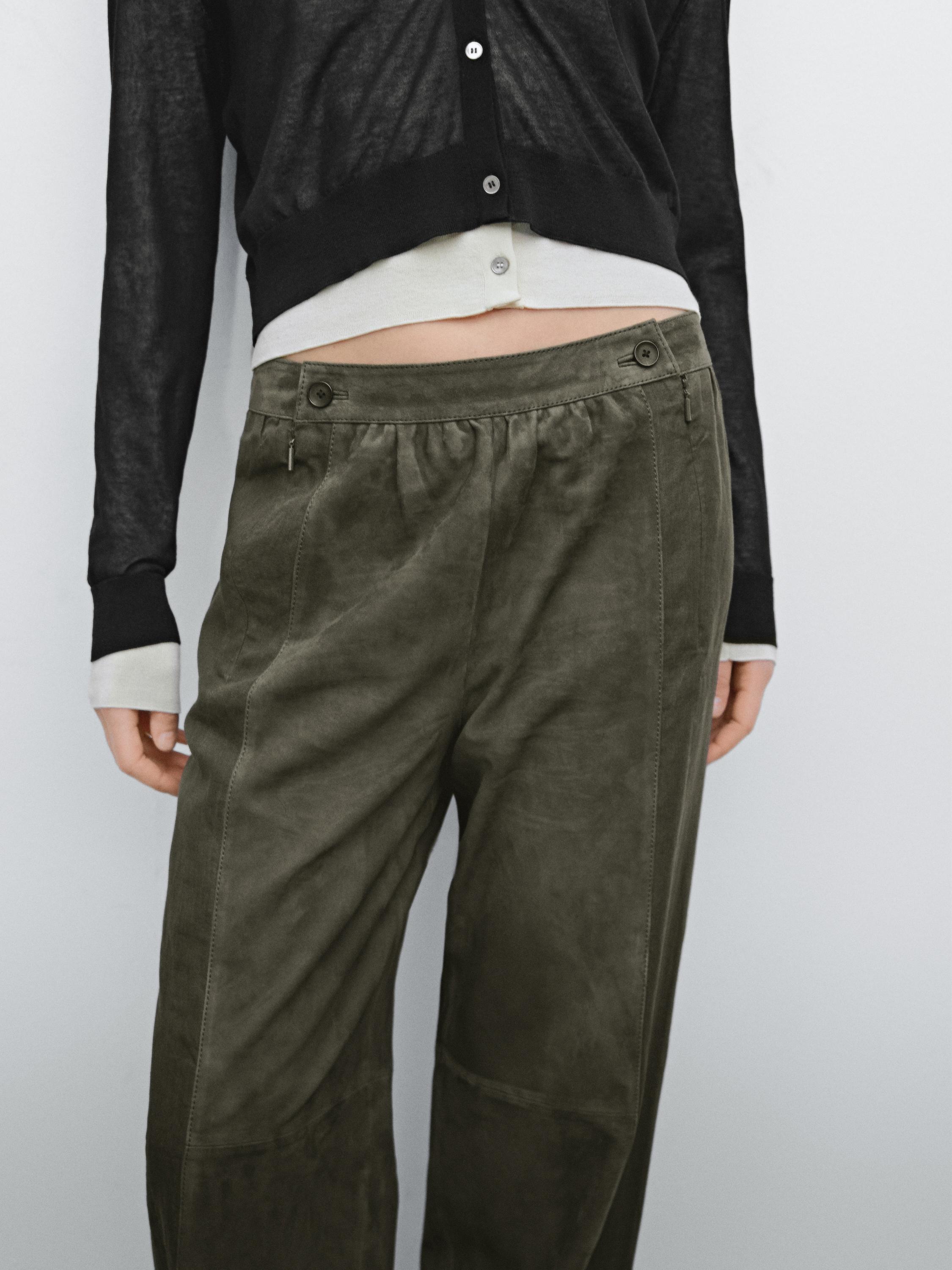 Pantalon en cuir effet daim et en lin