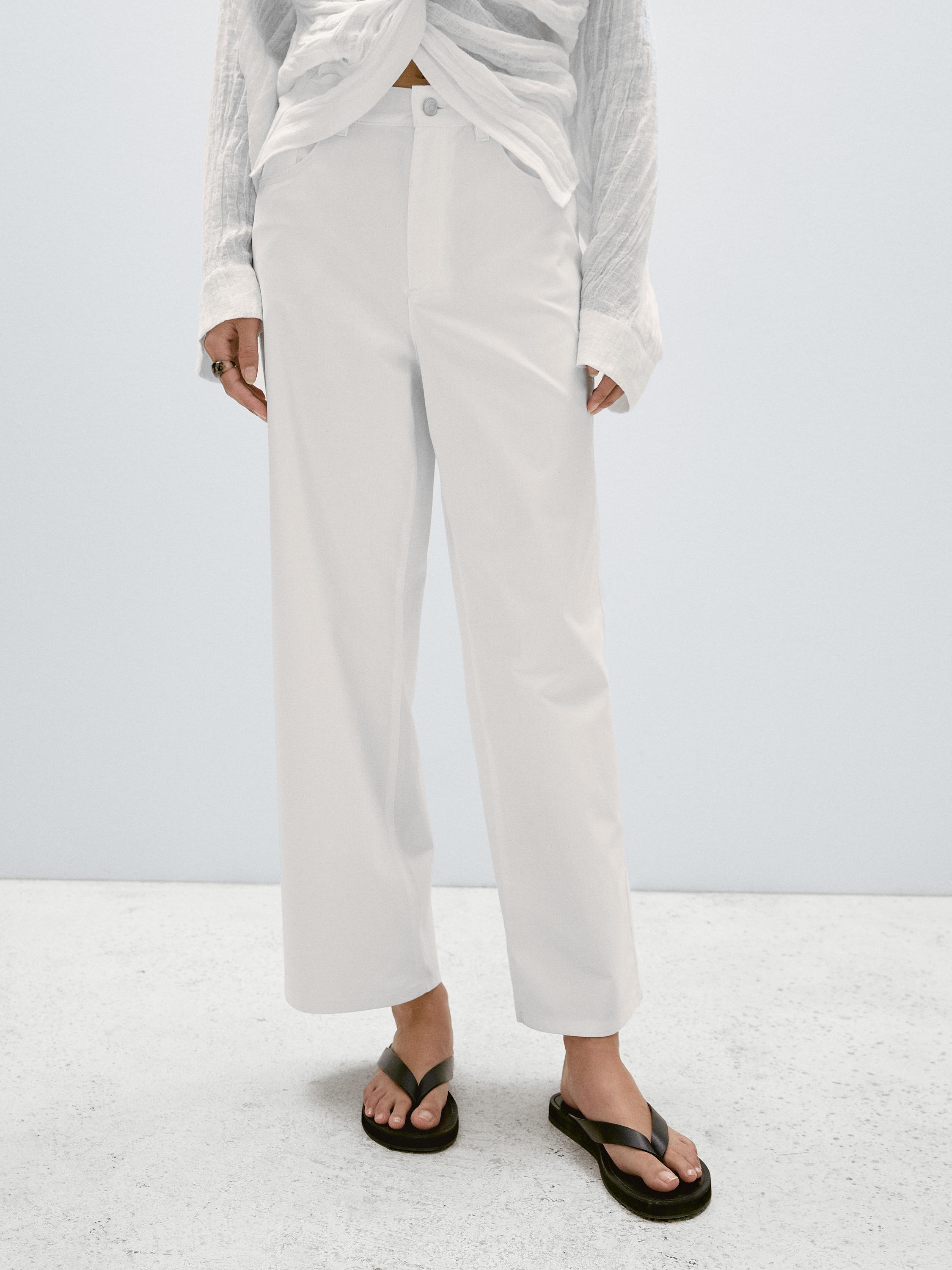 Cotton blend straight-leg cropped trousers