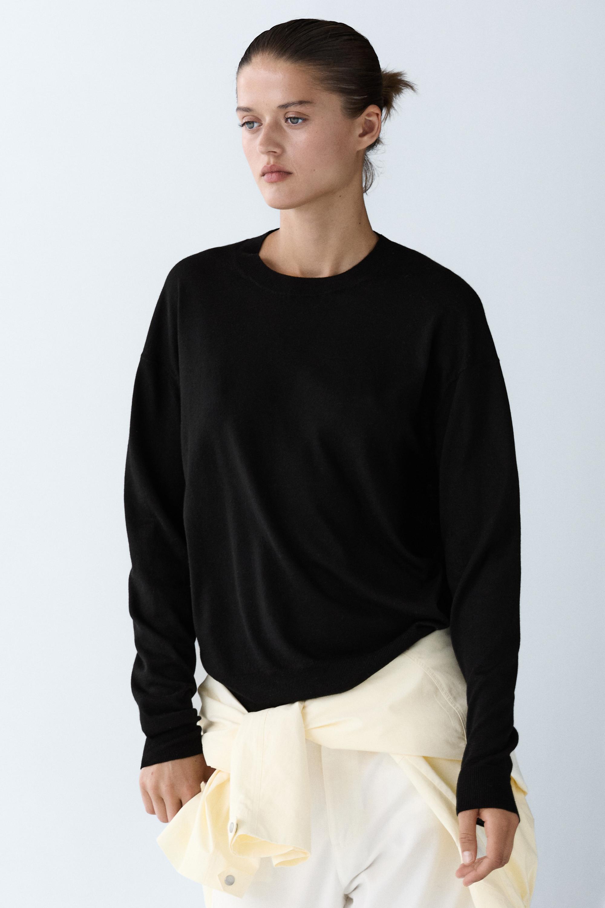 Fine knit round neck sweater — BLACK