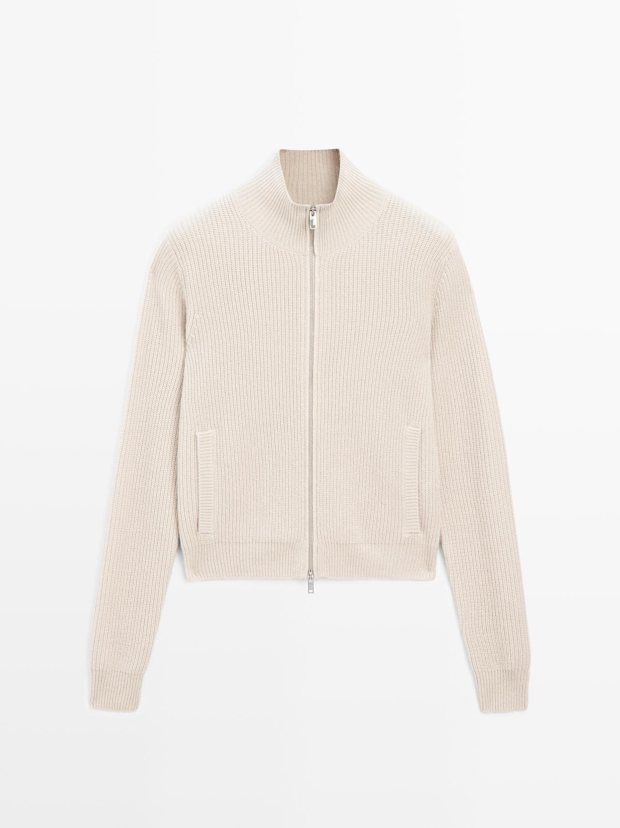Massimo Dutti - Dame - Cardigan I 100 % Kashmir Med Lynlåslukning - Beige - L