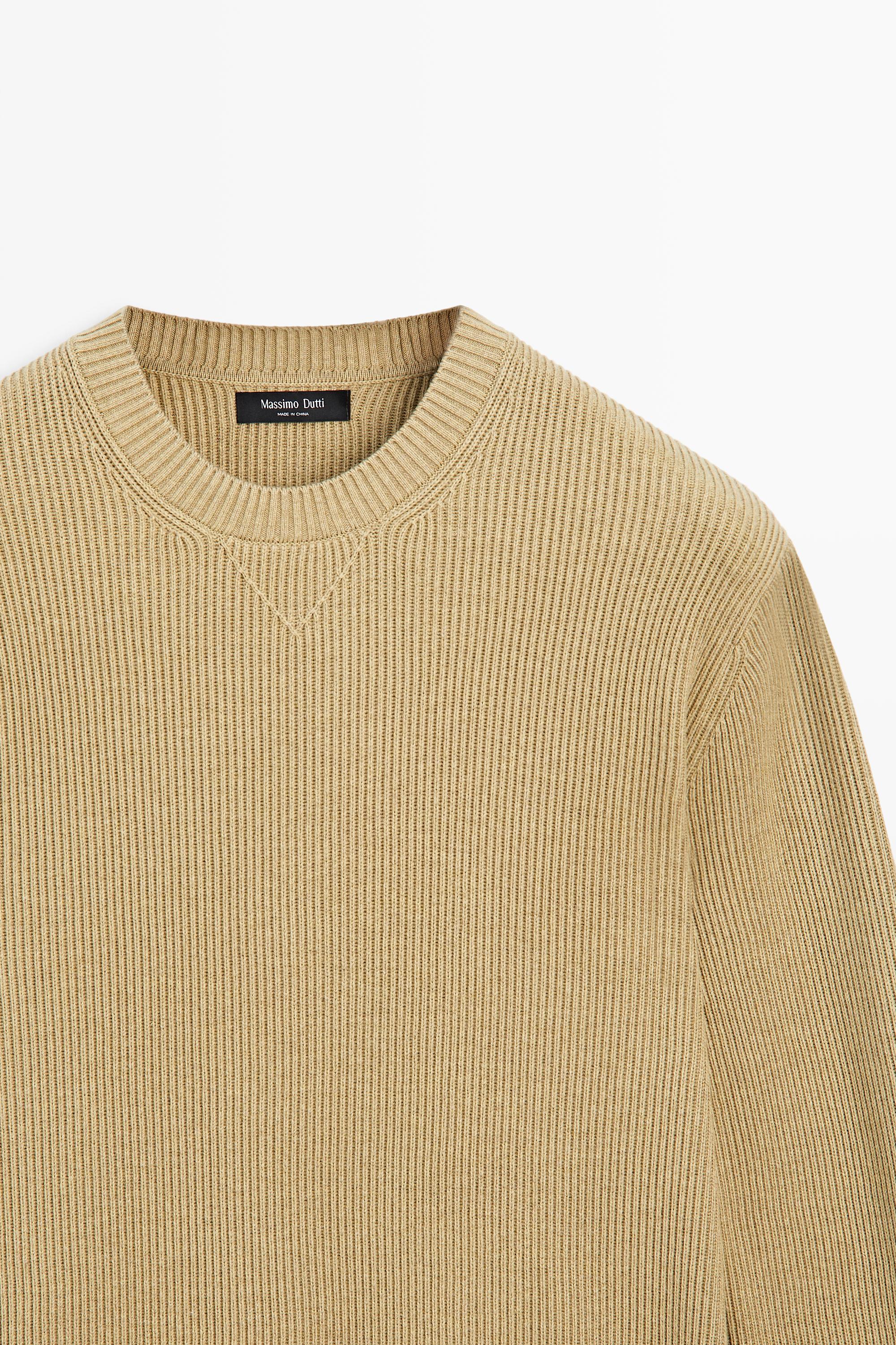 Cotton blend ribbed knit sweater — CREAM