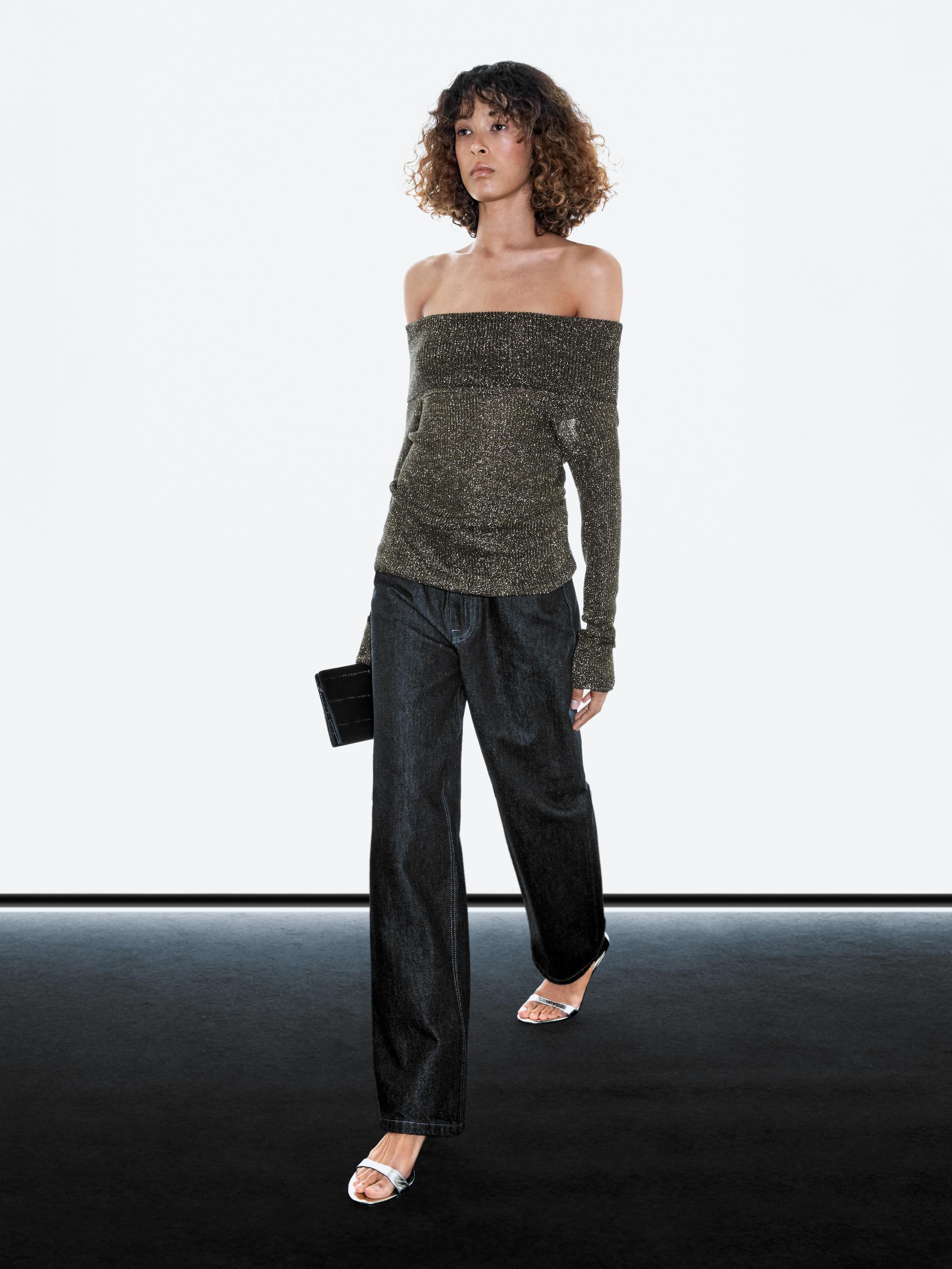 Off-the-shoulder knit sweater with metallic finish