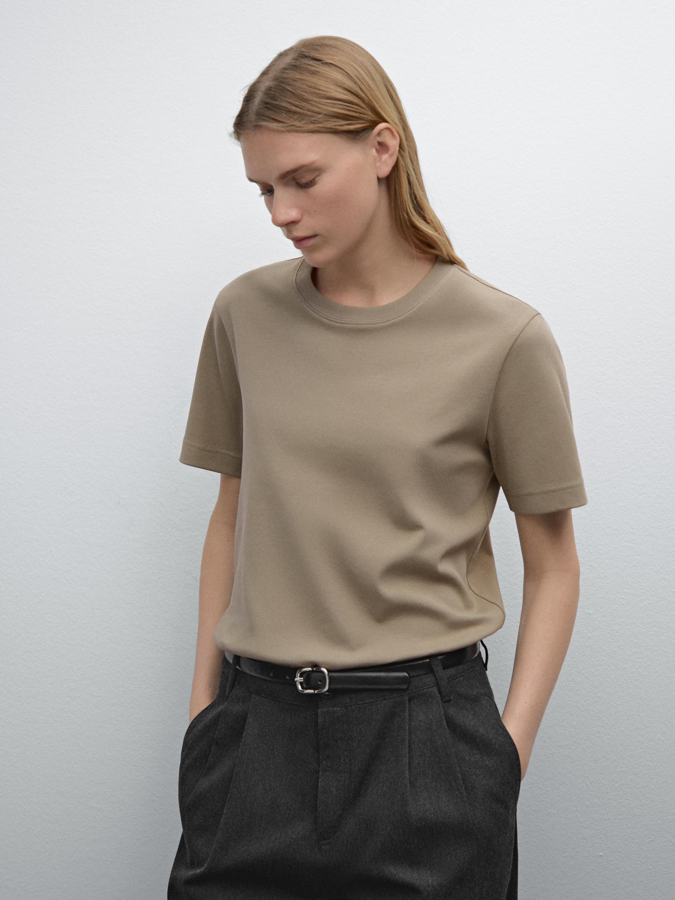 ★Massimo Dutti★ 100% cotton t-shirt fabric detail 100% cotton T-shirt with neckline detail · Cream · Circular