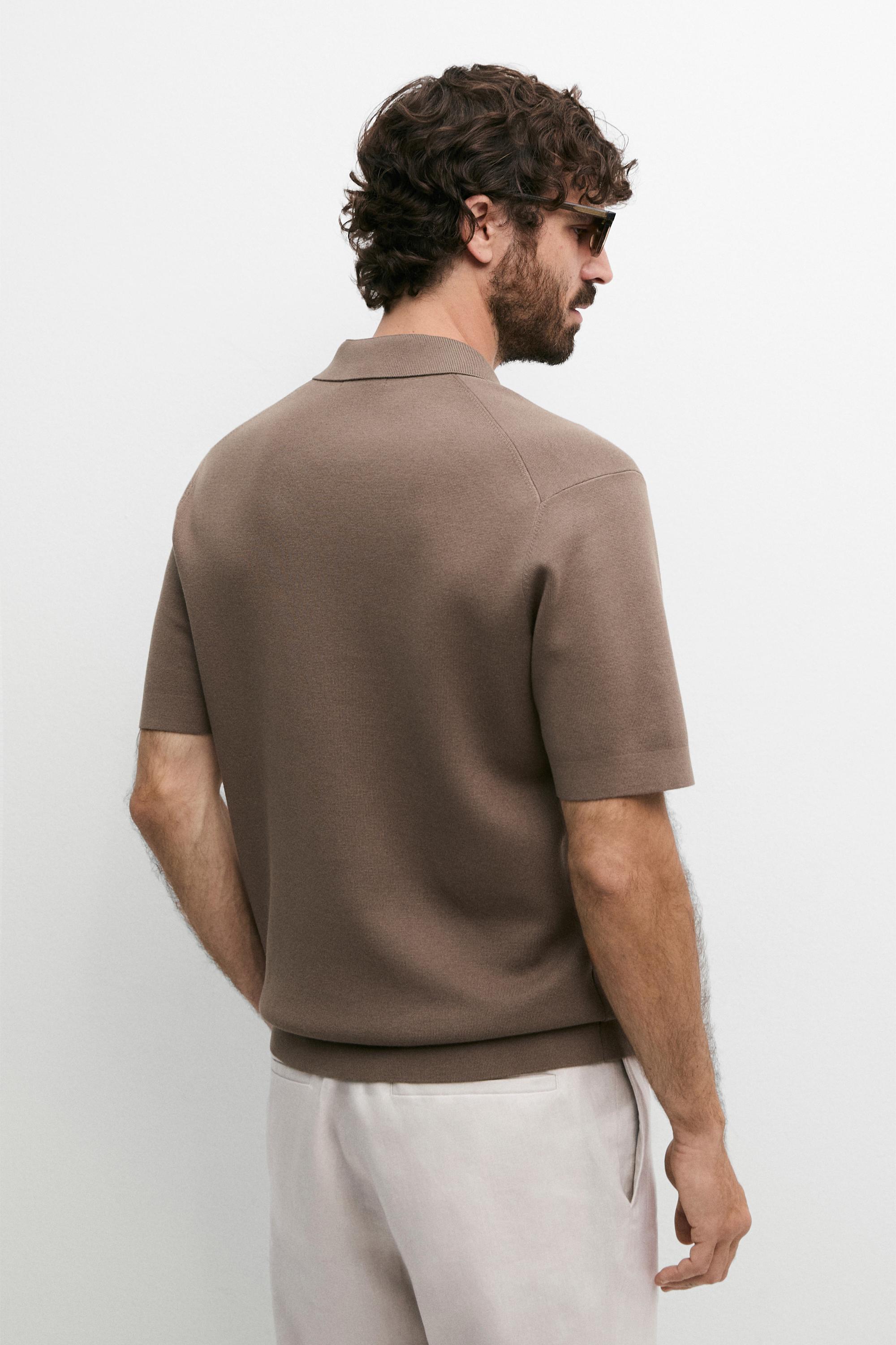 Flowing cotton blend knit polo shirt — PALE KHAKI