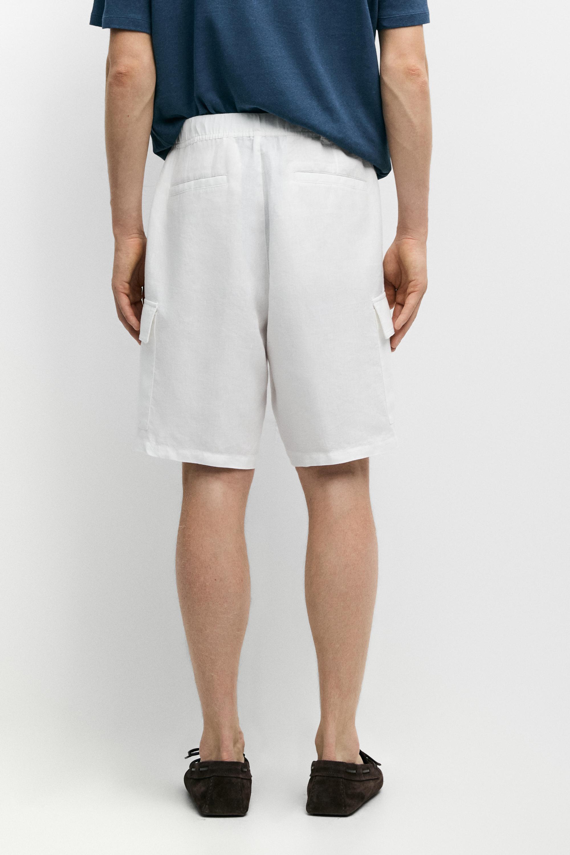 100% linen cargo Bermuda shorts — WHITE