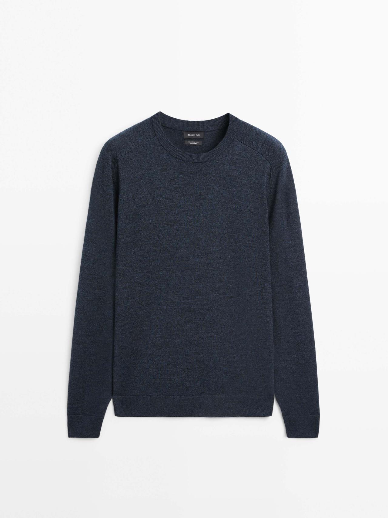 Massimo Dutti - Herre - Strikket Trøje I 100 % Merinould Med Rund Hals - Marineblå - M