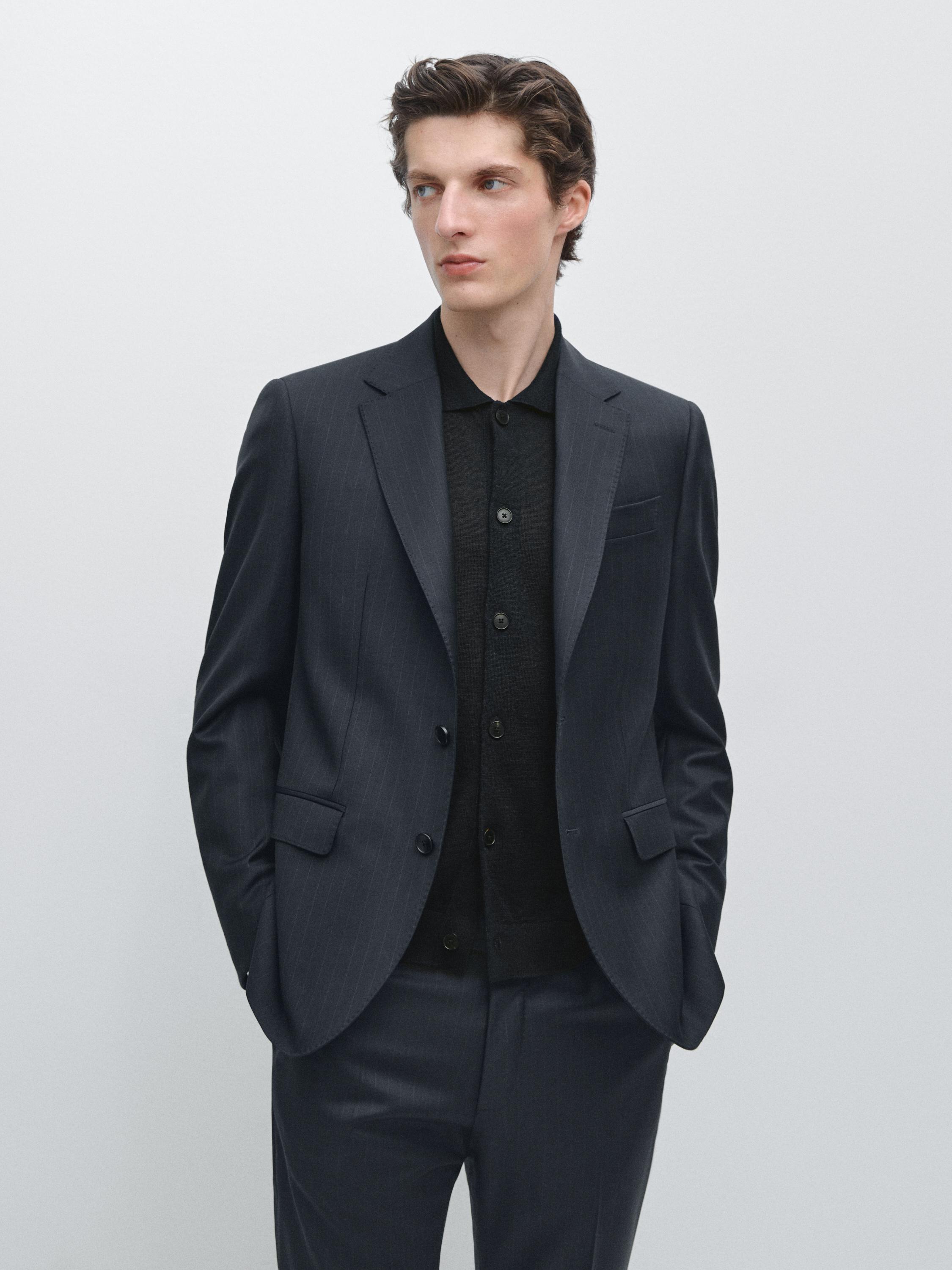 100% cool wool striped suit blazer — NAVY BLUE