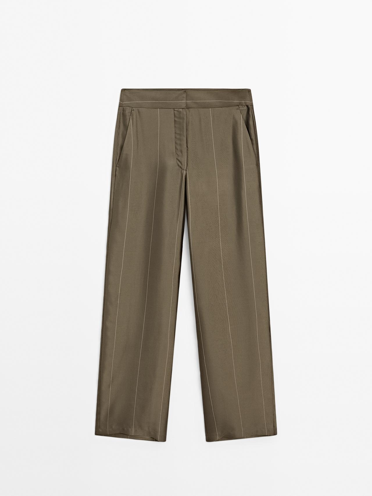 Massimo Dutti - Dame - Loose Fit Bukser Med Striber - Kaki - 40