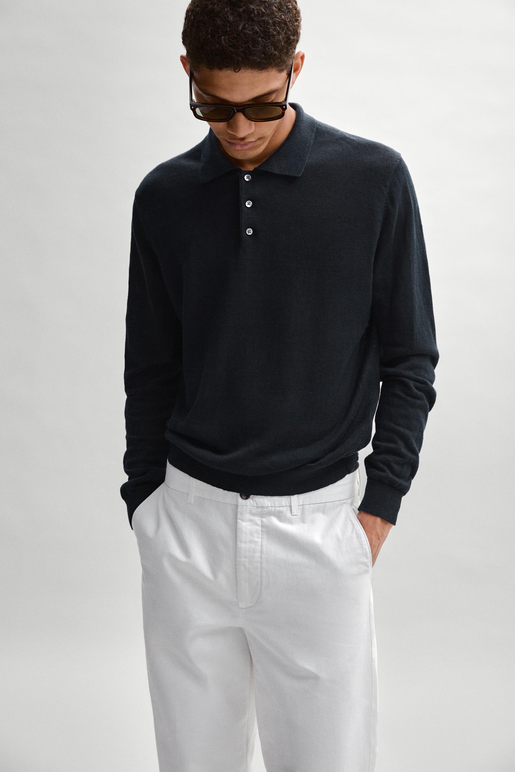 100% linen knit polo collar sweater — NAVY BLUE