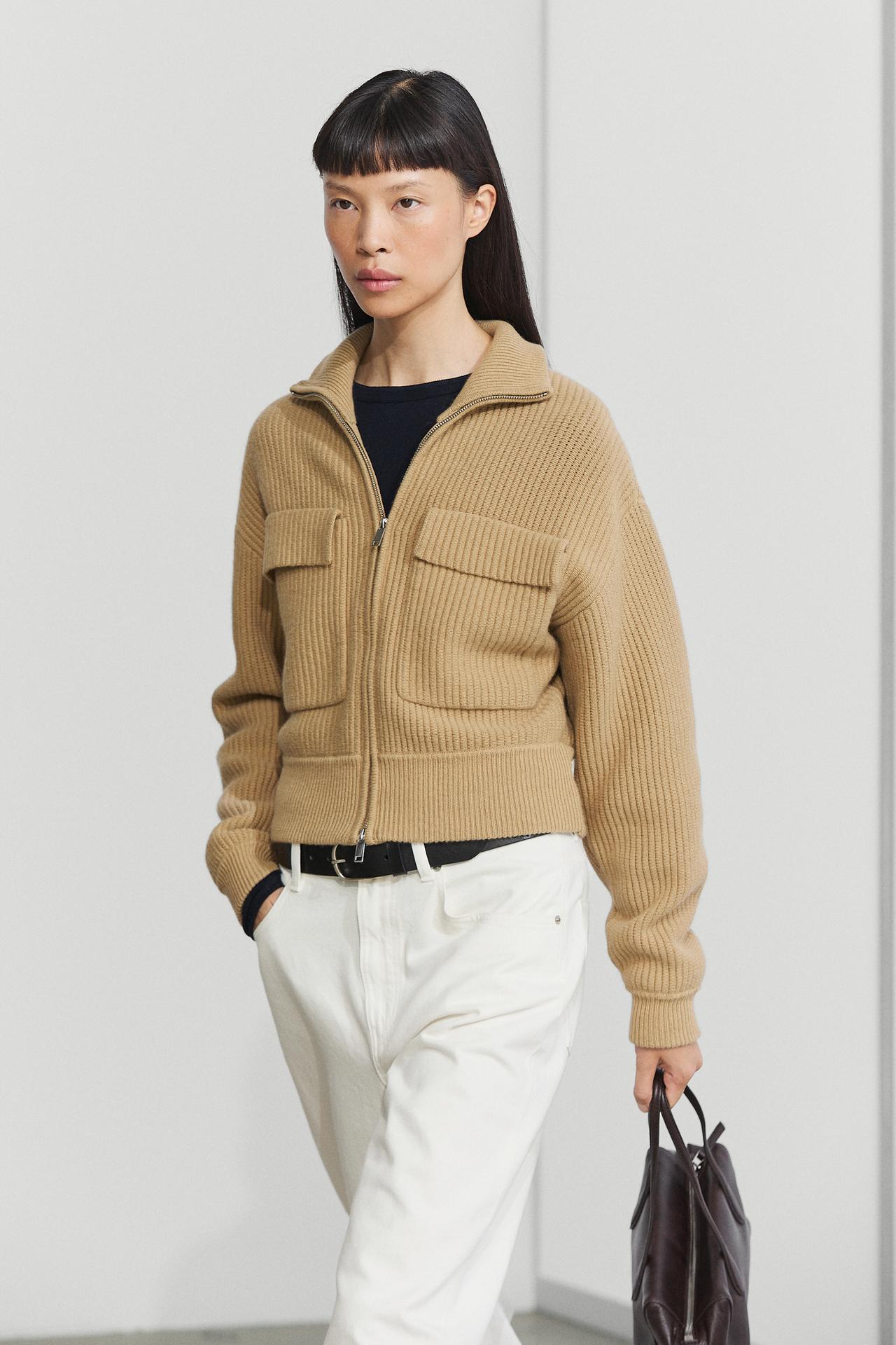 Zip-up knit cardigan with cotton — CAMEL