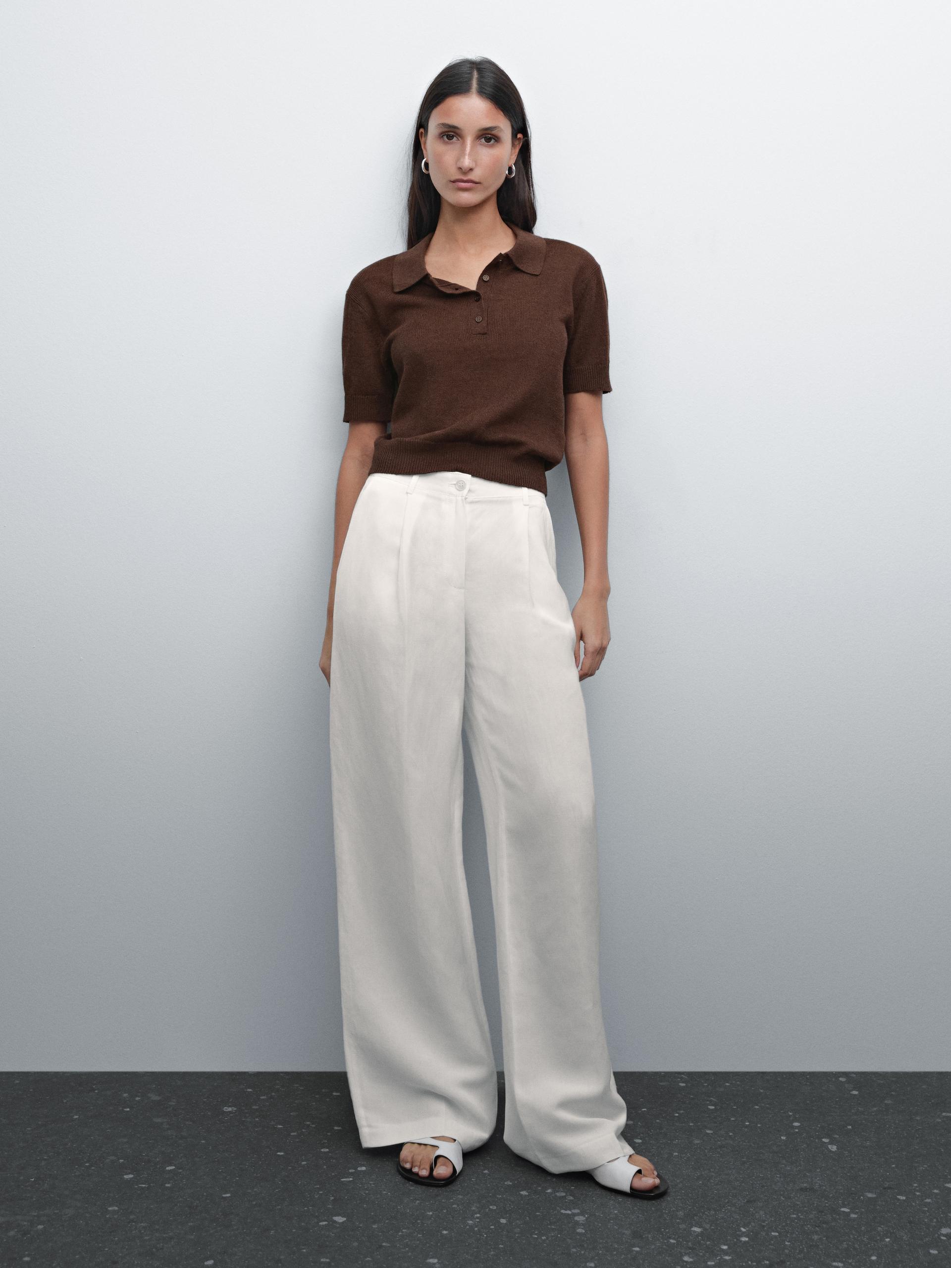 Maglia A Polo Traforata In Misto Lino - Marrone - Xs - Massimo Dutti - Femminile