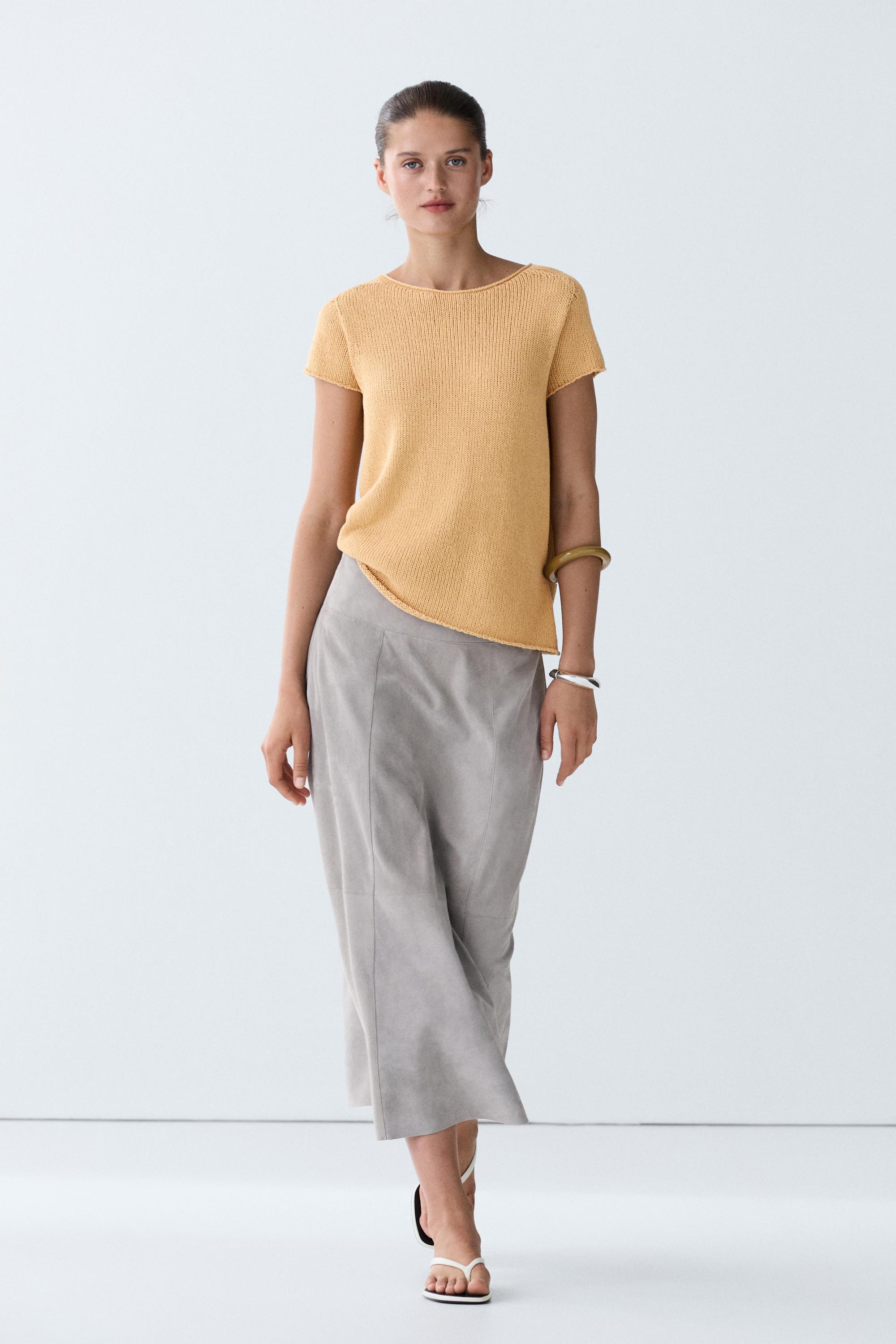 Cotton blend short sleeve knit sweater — CORN YELLOW
