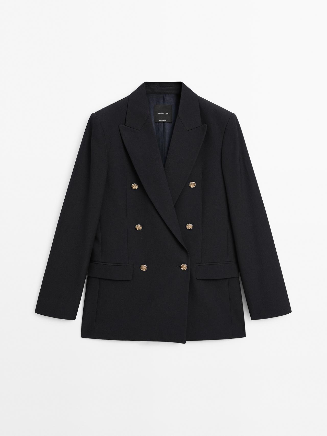 Massimo Dutti - Dame - Blazer I Uldblanding Med Guldknapper - Marineblå - 38