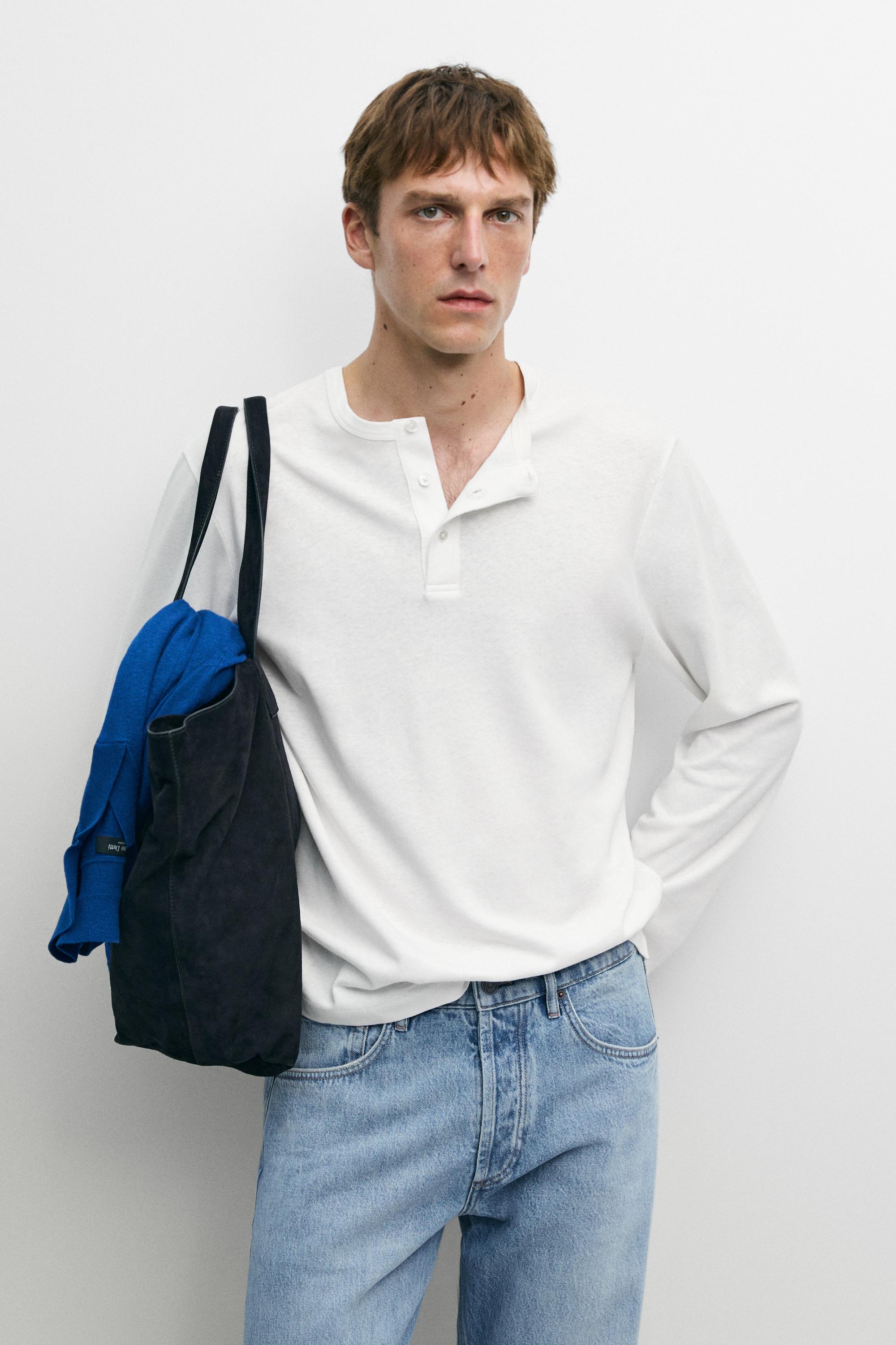 Long sleeve henley neck T-shirt — WHITE