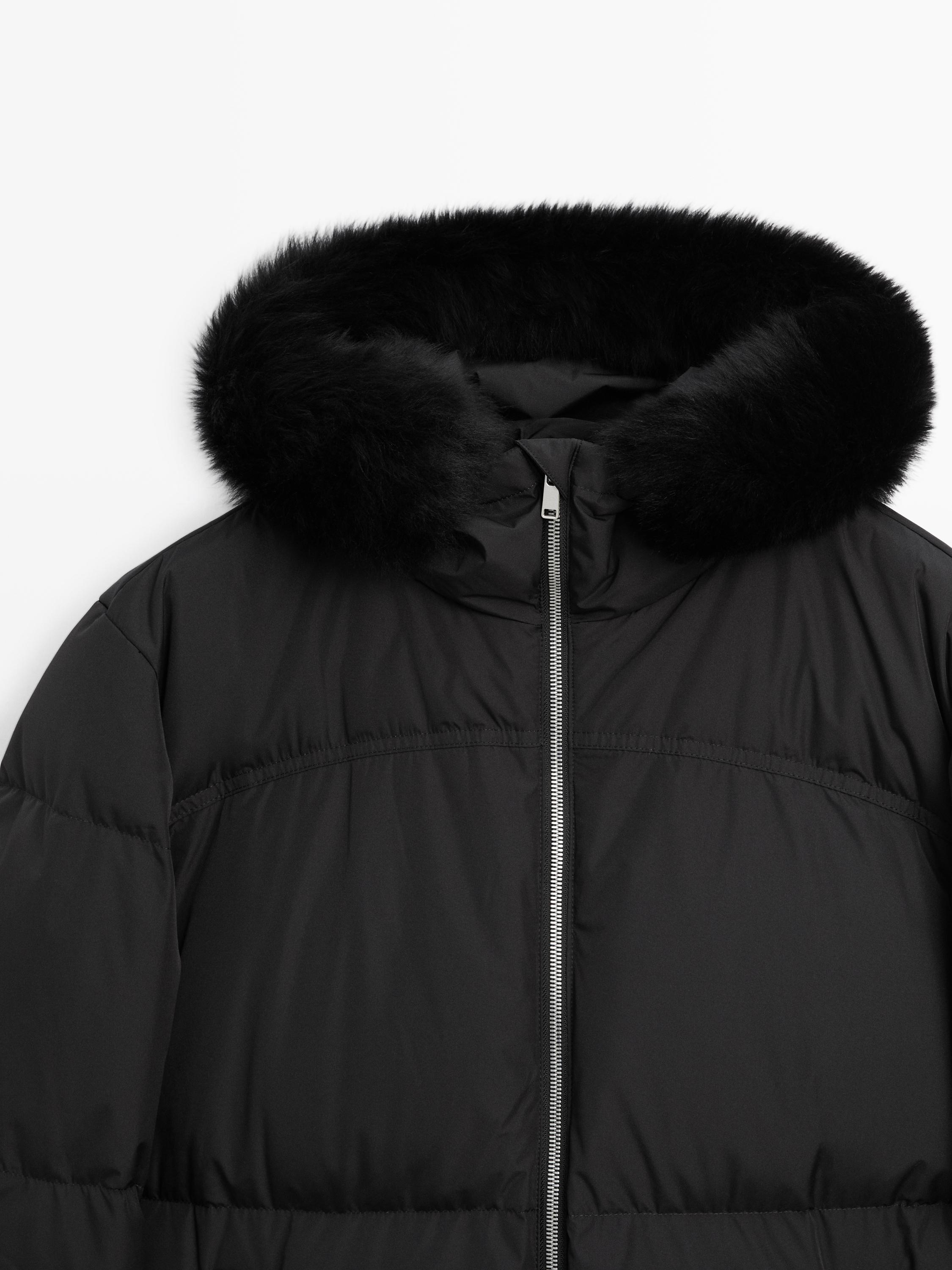 Technical down jacket with faux fur hood