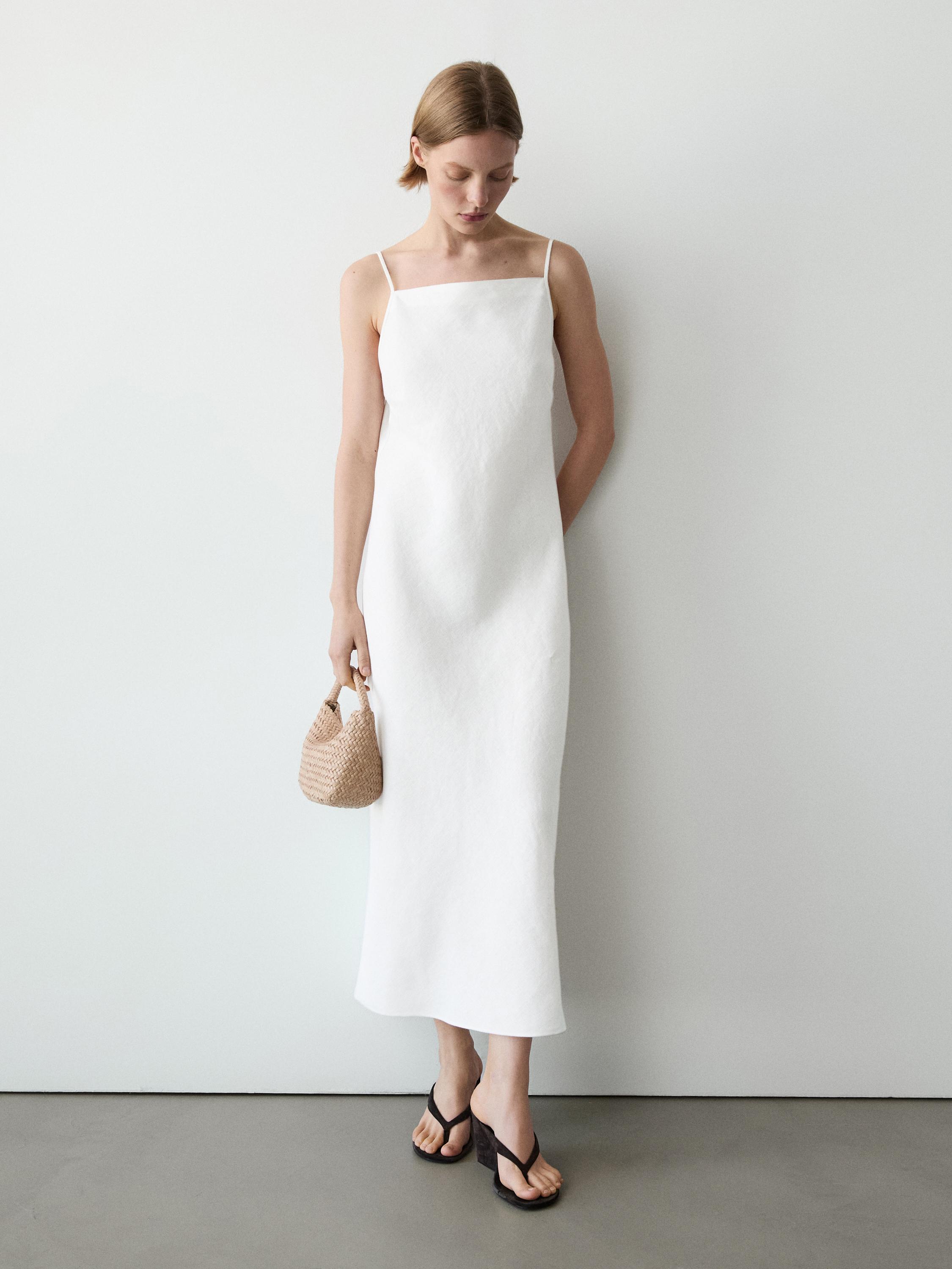 100% linen midi dress with straight neckline - RED 100% linen midi dress with straight neckline - RED