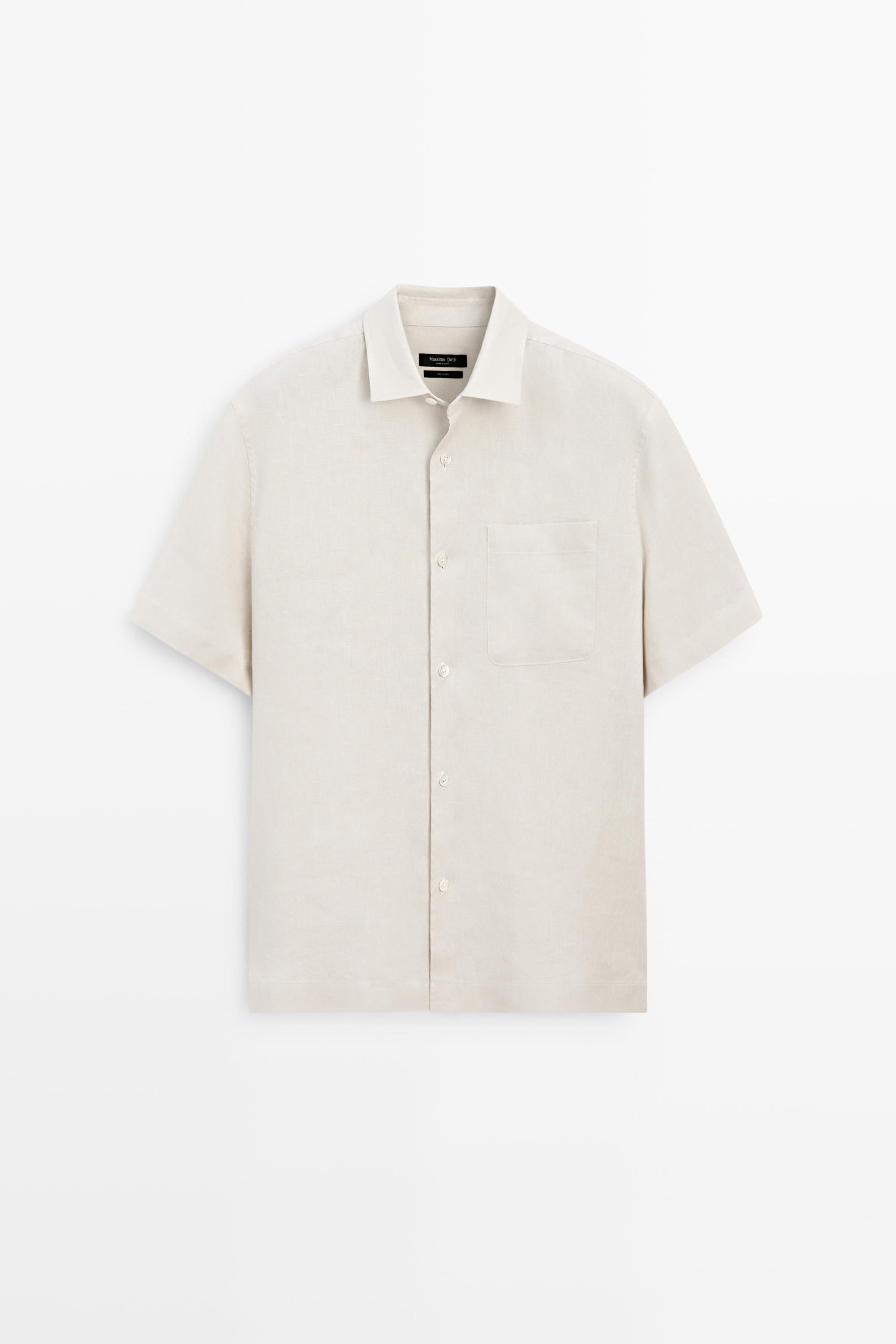 100% linen regular fit short sleeve shirt — BEIGE