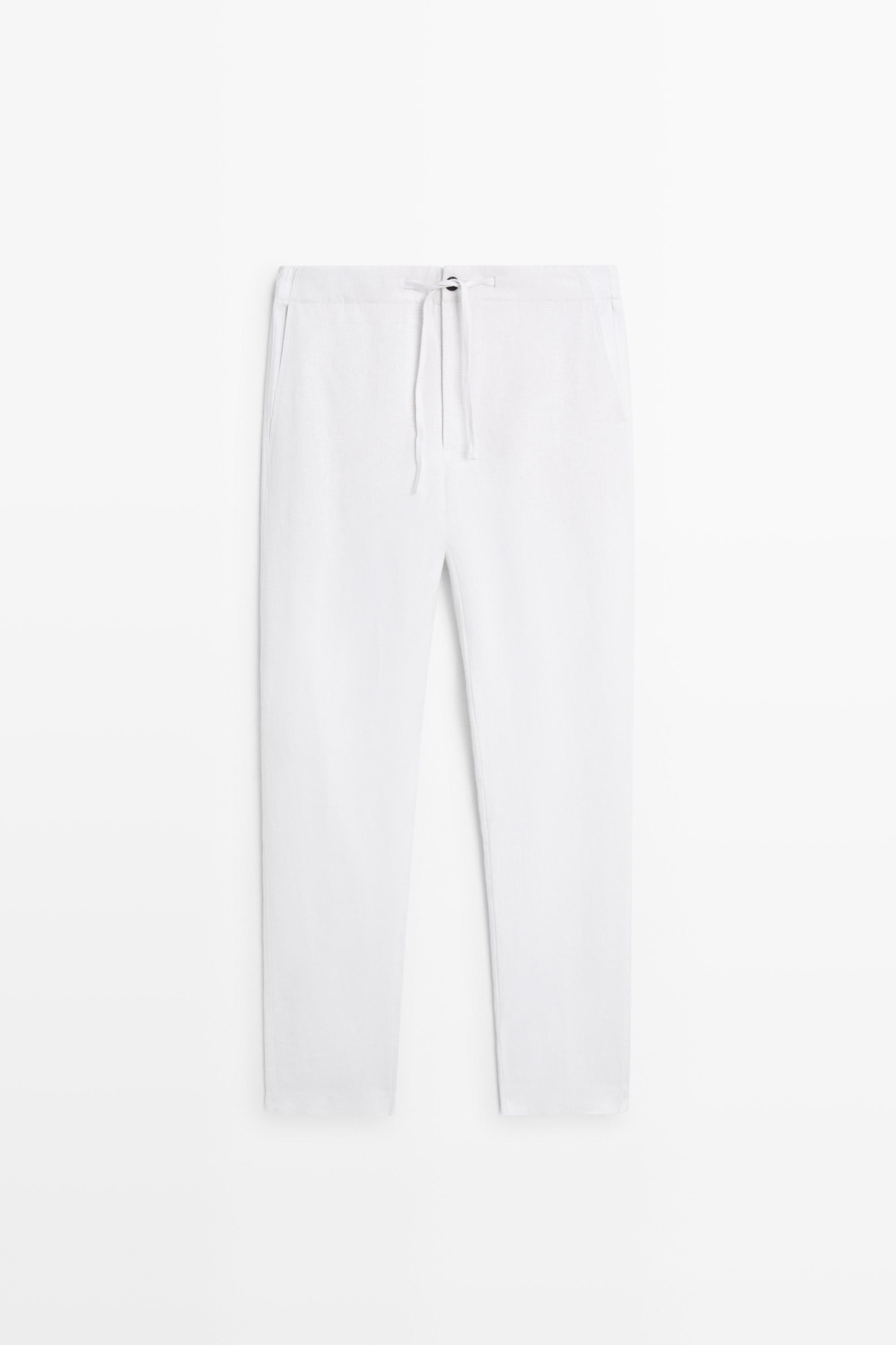100% linen jogger-fit pants — WHITE