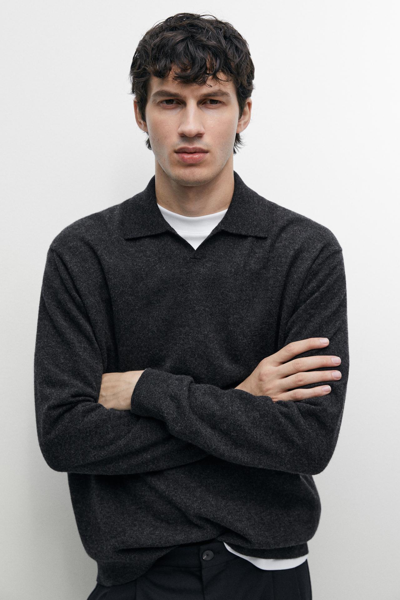 100% wool knit polo sweater — DARK GREY