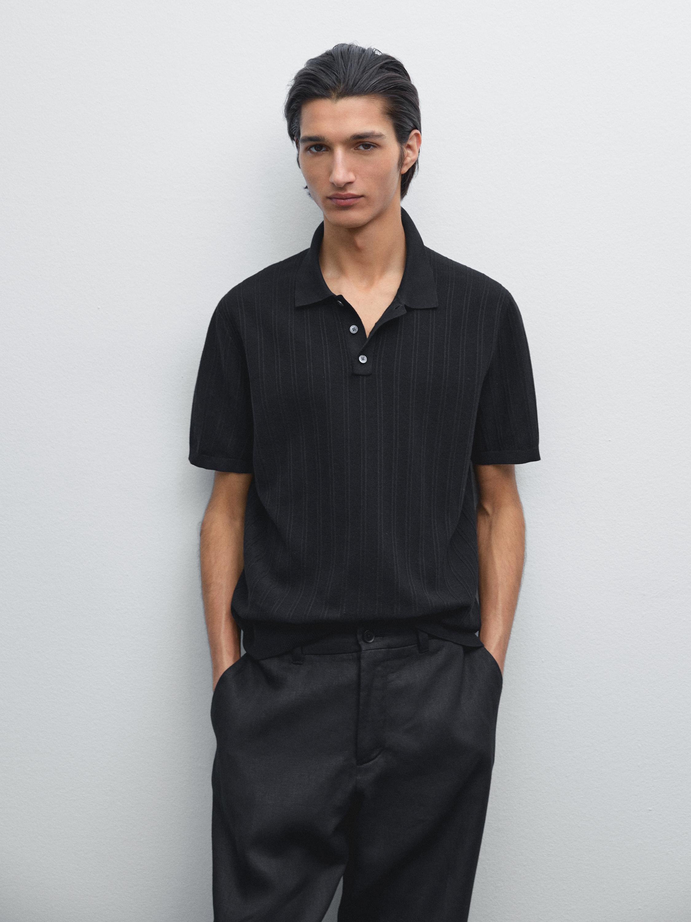 Textured cotton knit polo shirt