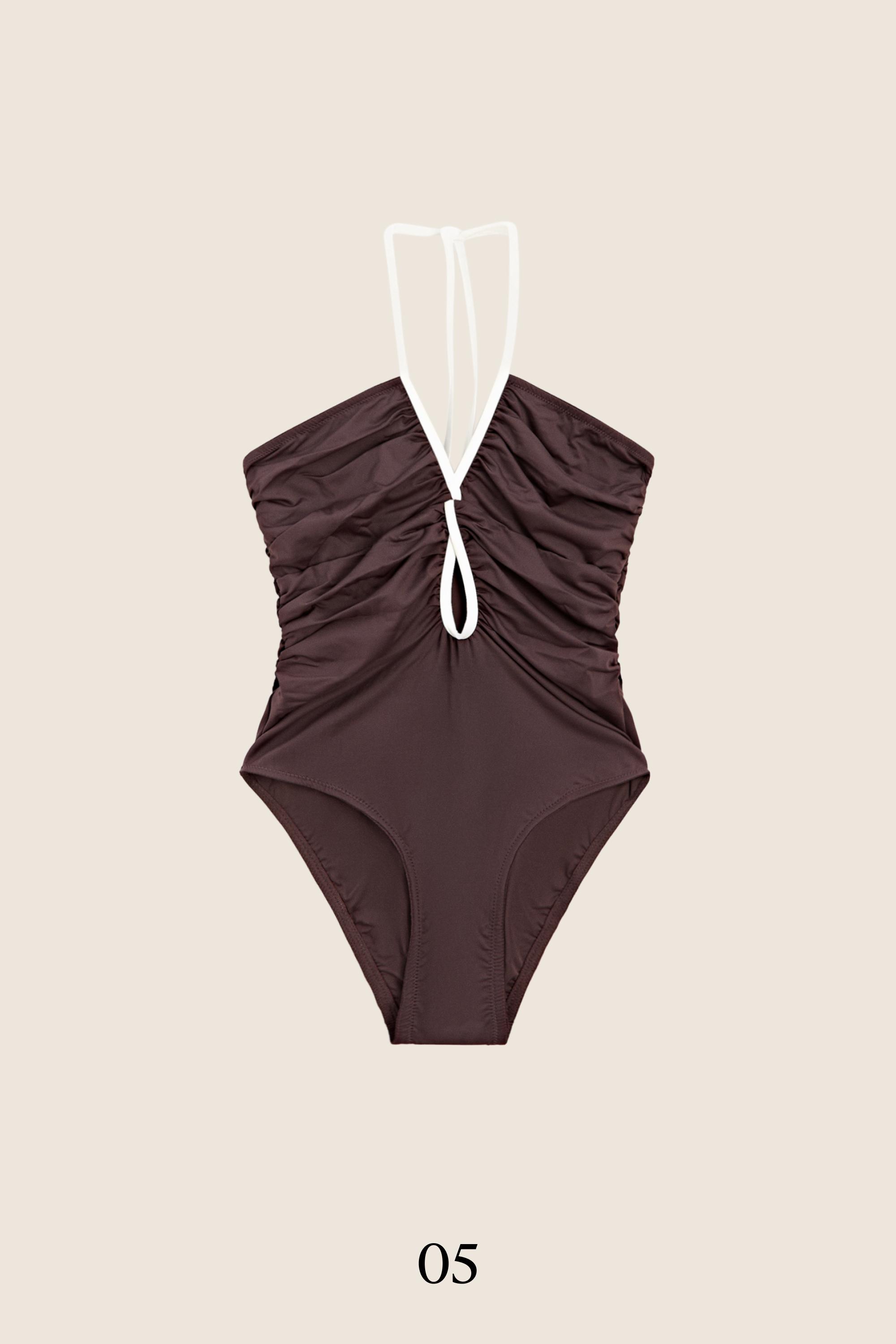 Swimsuit with contrast gathered detail — BROWN