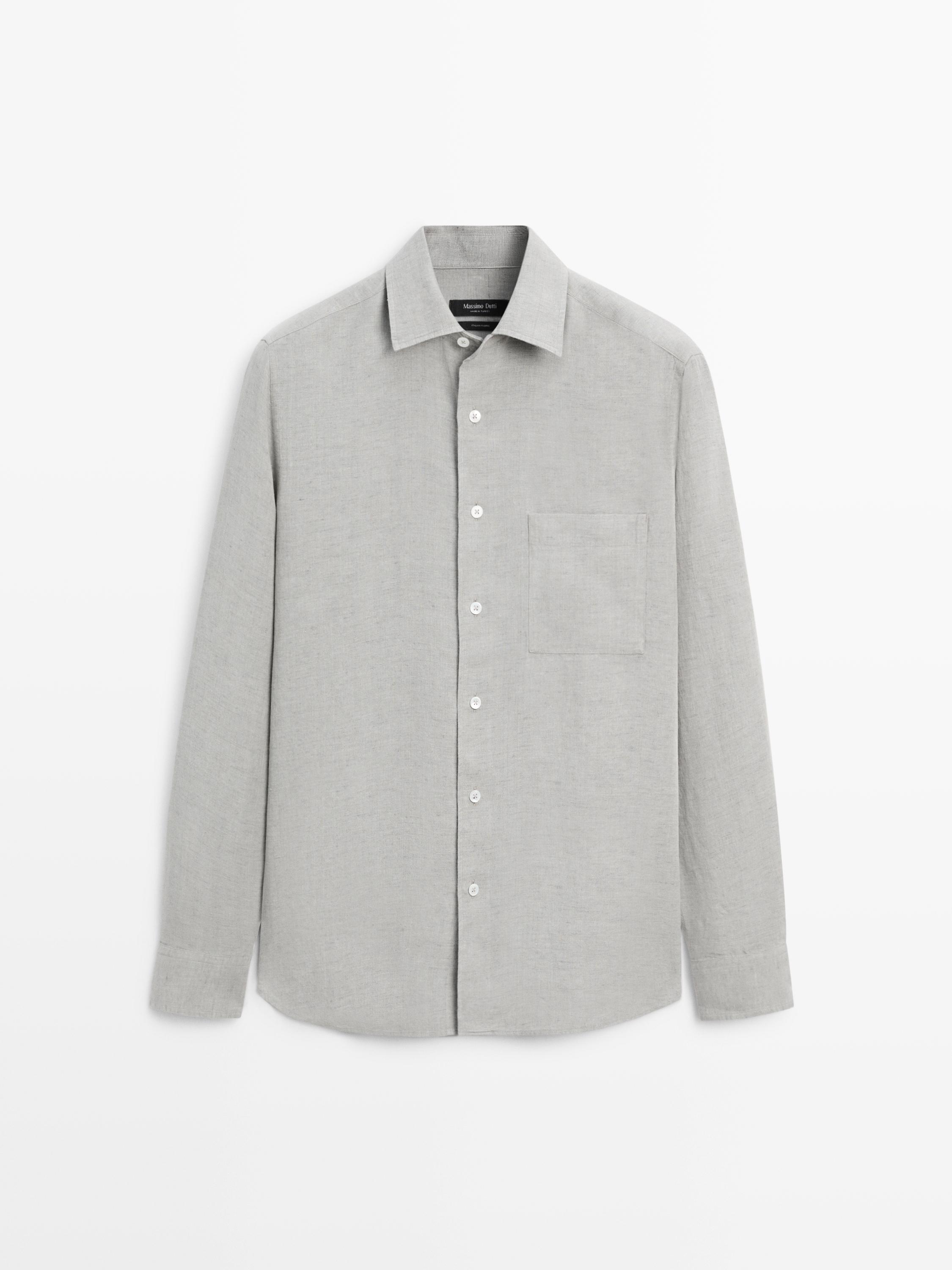 100% linen regular fit shirt with pocket — GREY