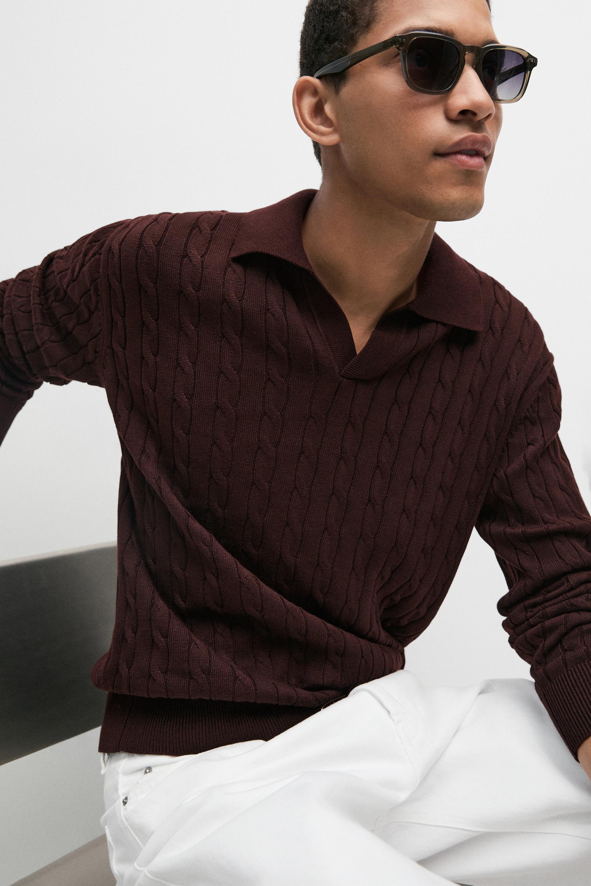 100% Cotton Cable-Knit Polo Sweater — BURGUNDY