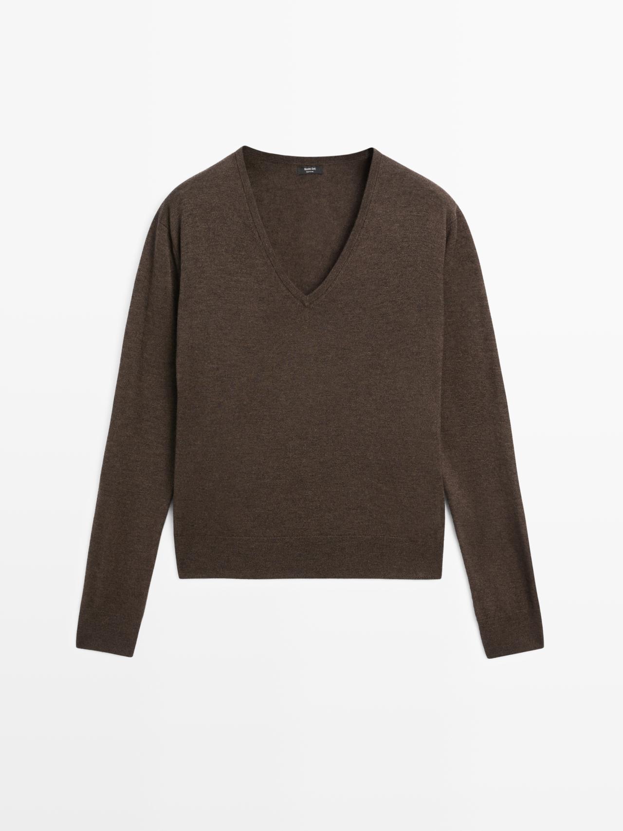 Massimo Dutti - Dame - Striktrøje I Uldblanding Med V-Udskæring - Chokolade - S