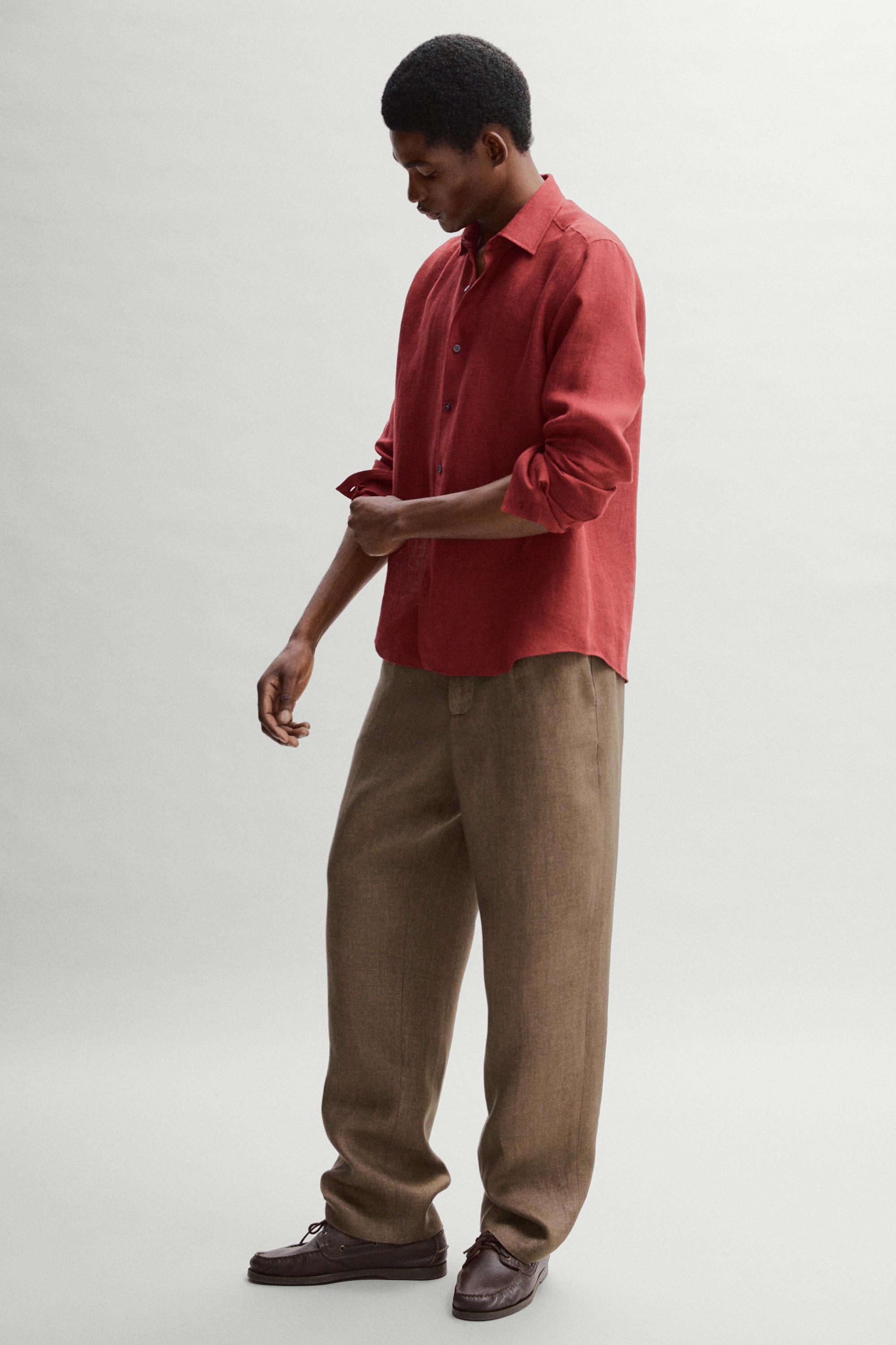 Textured 100% linen regular fit shirt — RED
