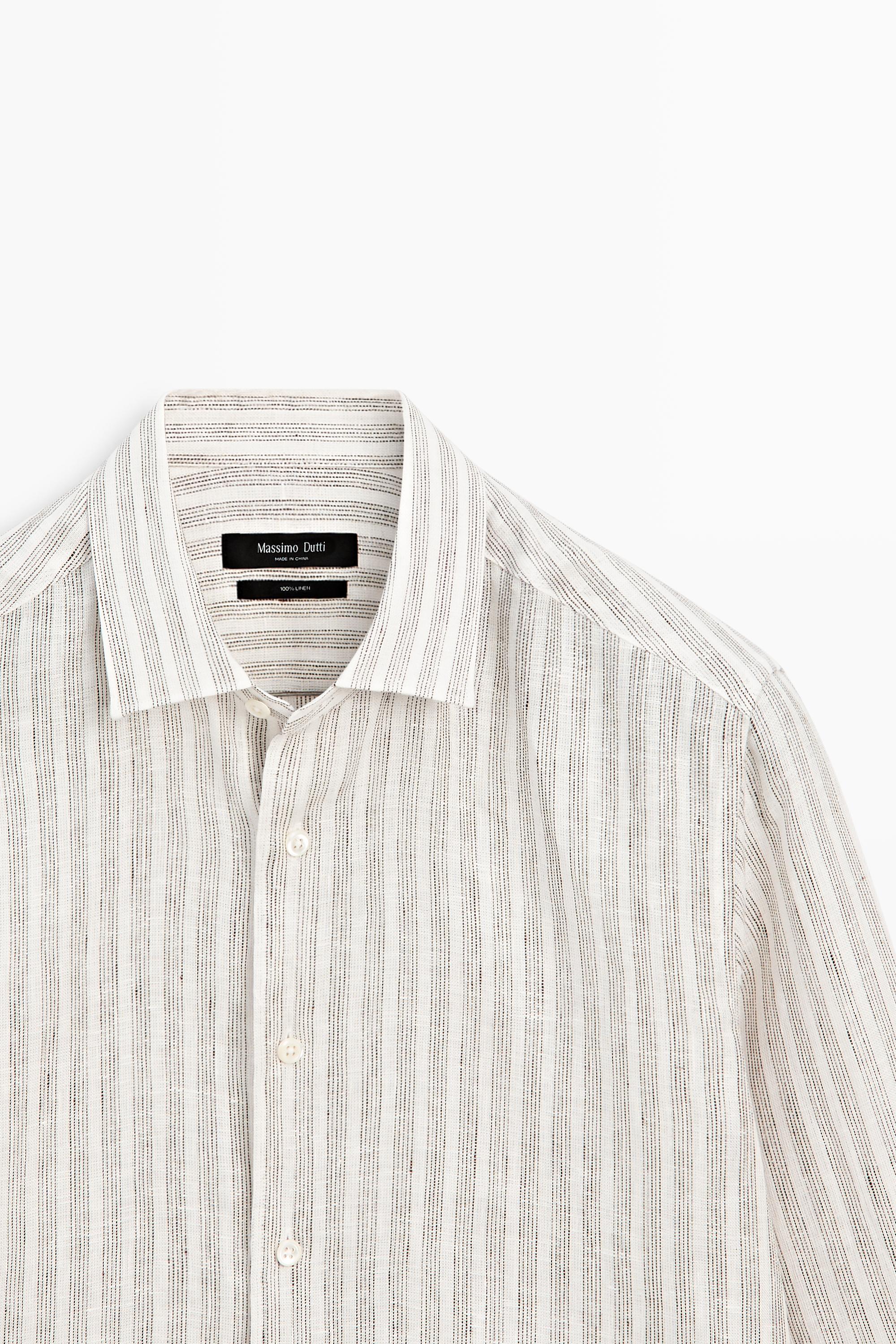 100% linen regular fit striped shirt — BROWN