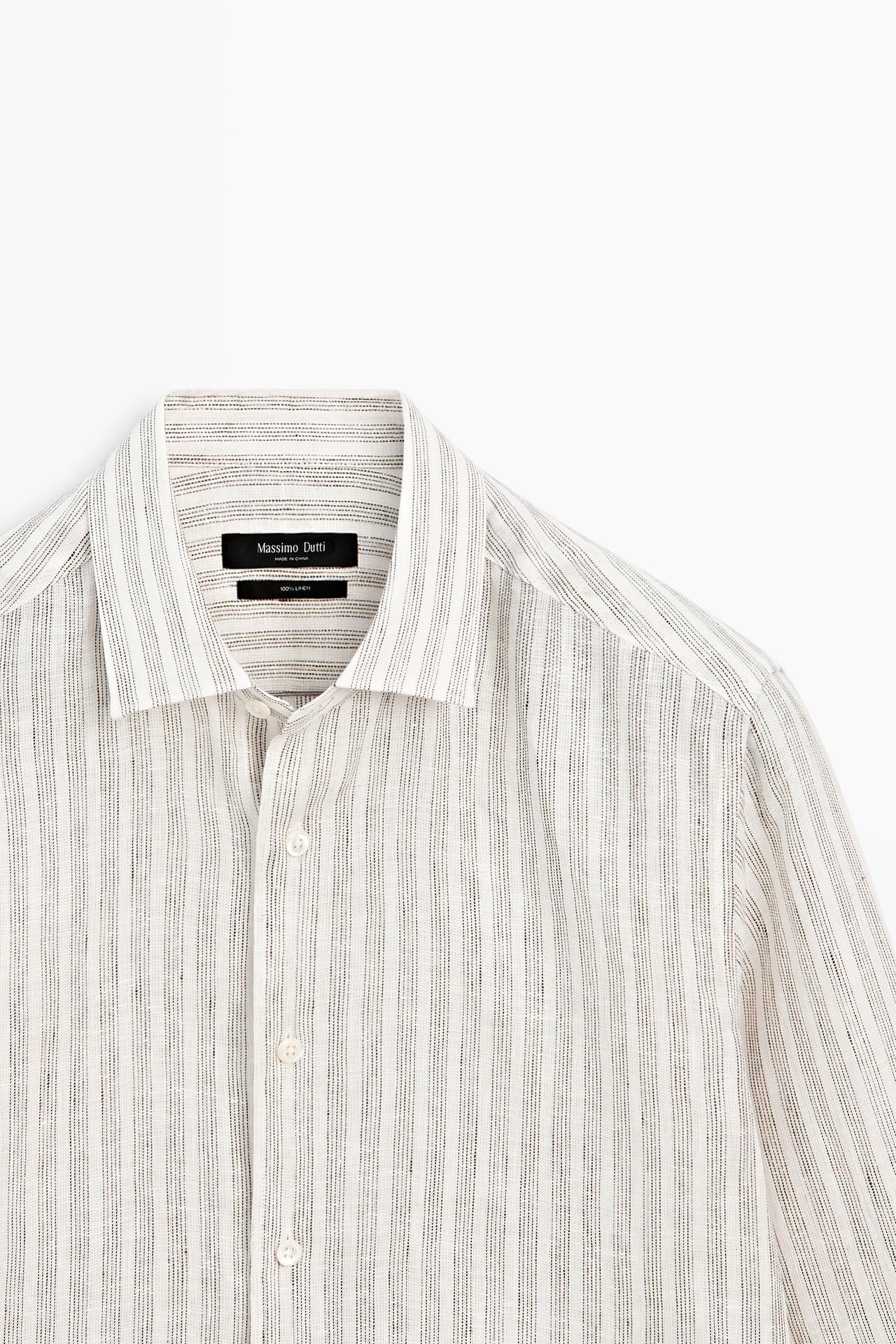 100% linen regular fit striped shirt — BROWN