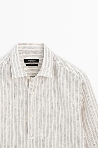 100% linen regular fit striped shirt — BROWN 4
