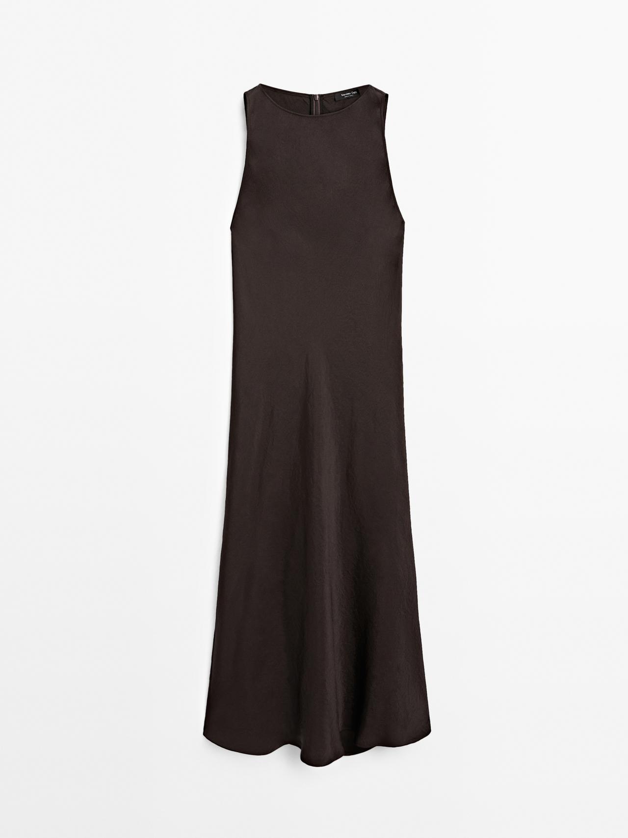 Massimo Dutti - Dames - Lange Satijnen Halterjurk - Chocolade - Xs