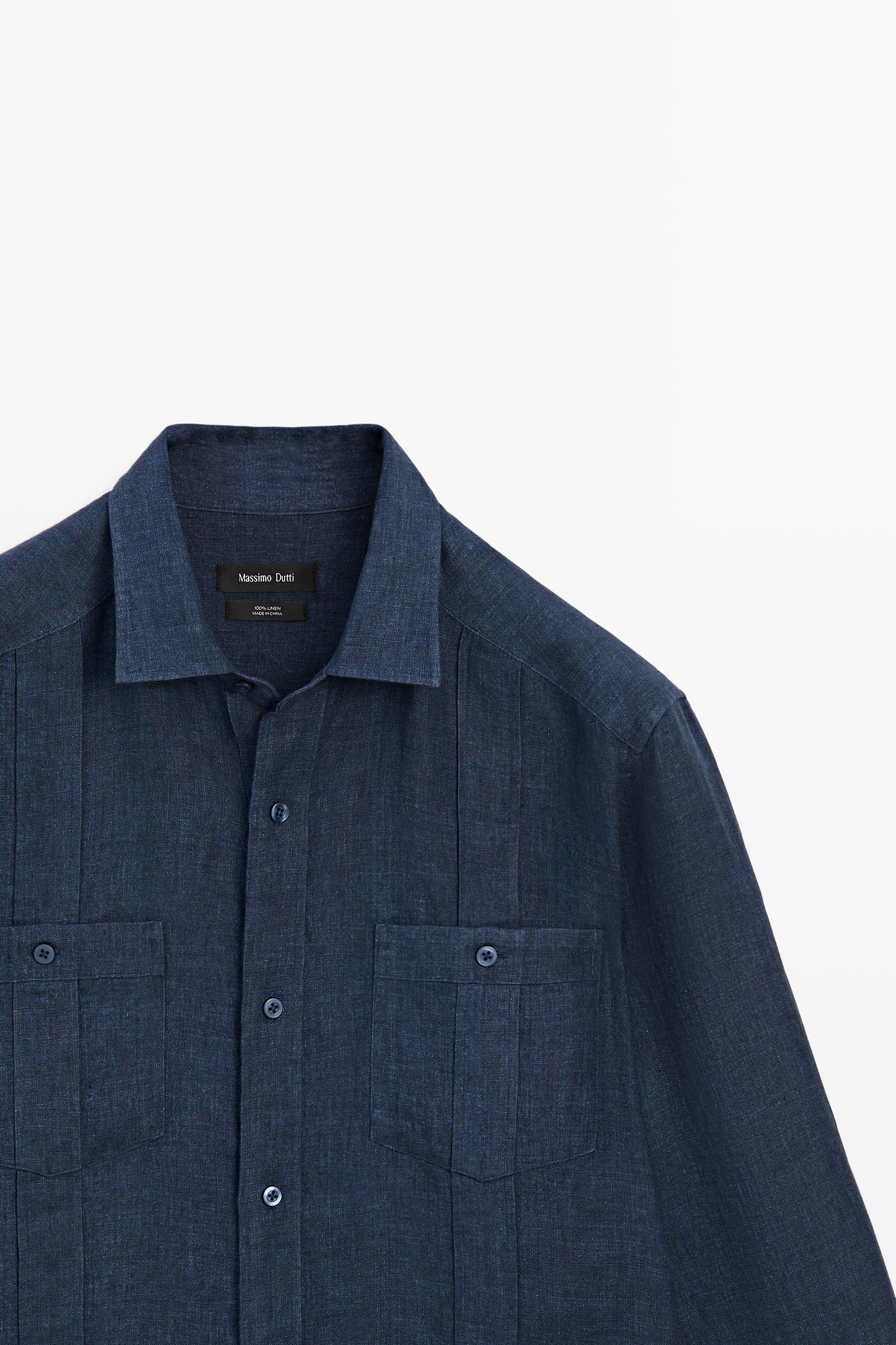 Regular fit 100% linen shirt with pockets — DEEP BLUE