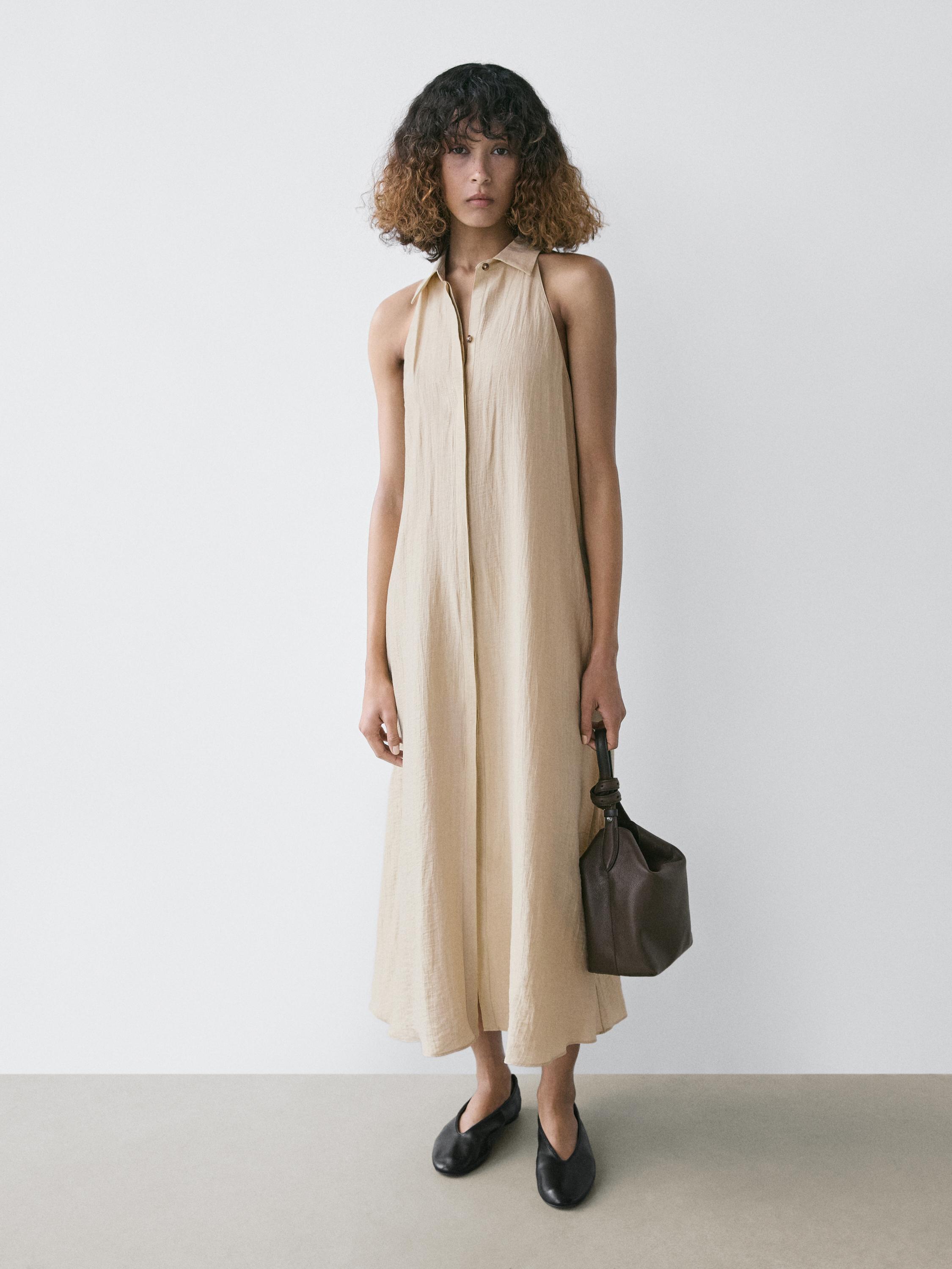 Linen blend polo collar midi dress — CREAM