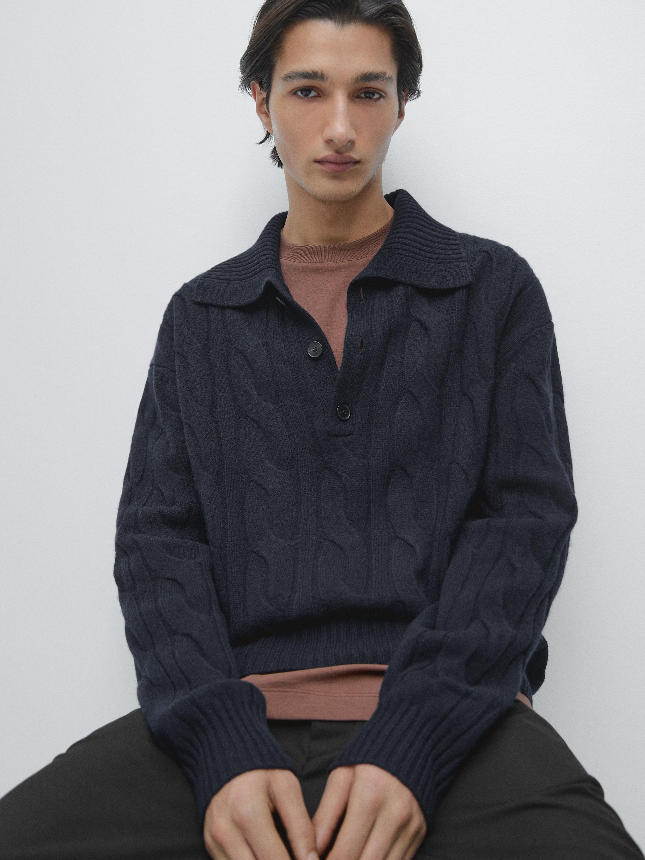 Wool cable-knit polo sweater — NAVY BLUE
