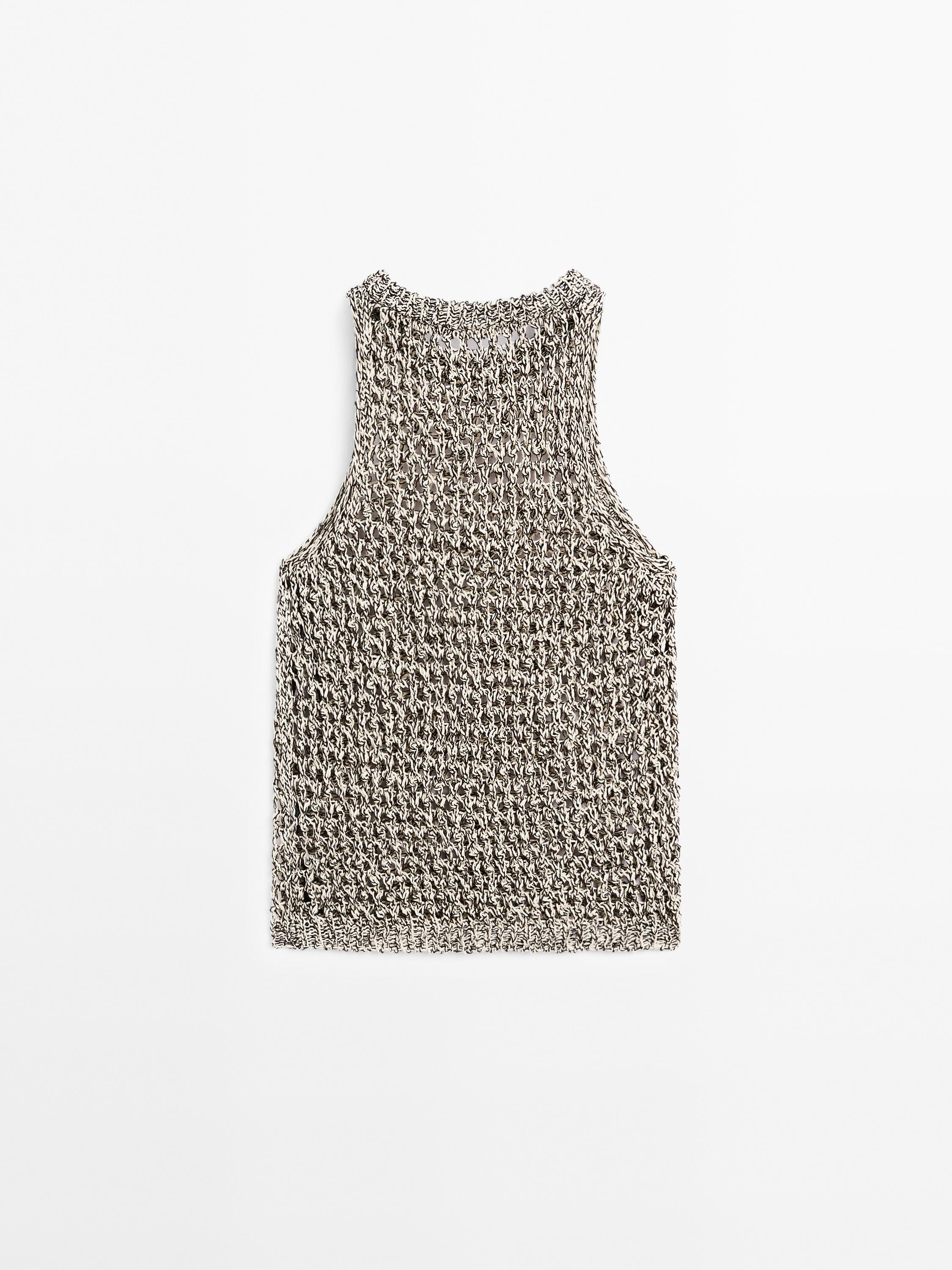 Openwork cotton blend halter top