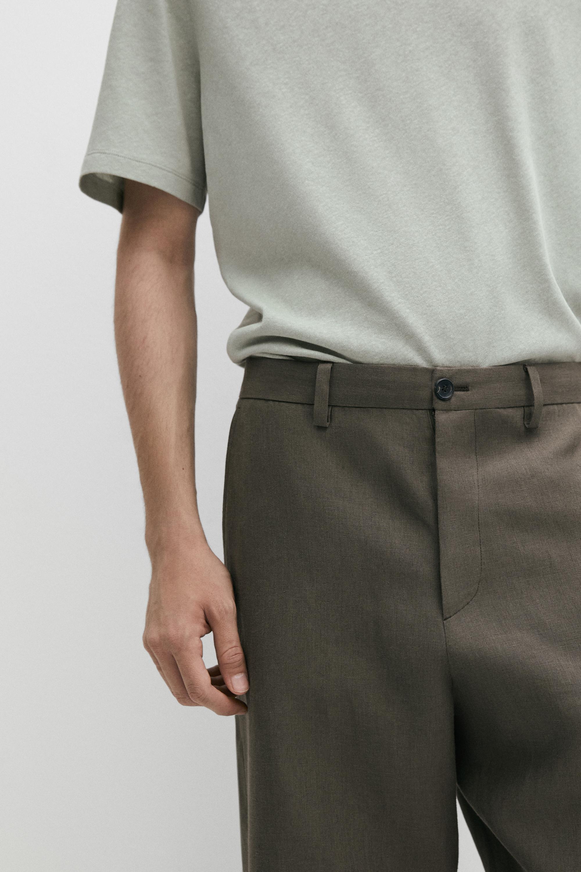 100% linen straight-leg trousers — GREEN