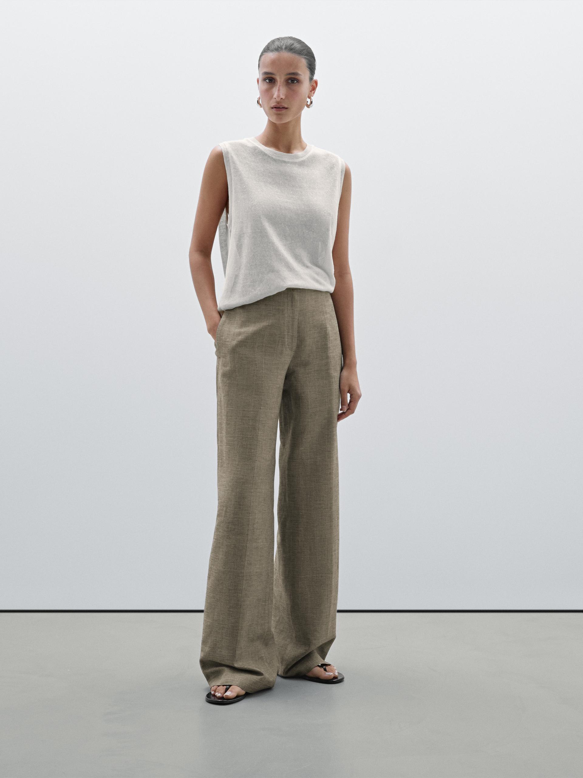 Pantalón Recto Cuadros Con Algodón - Visón - 42 - Massimo Dutti - Mujer