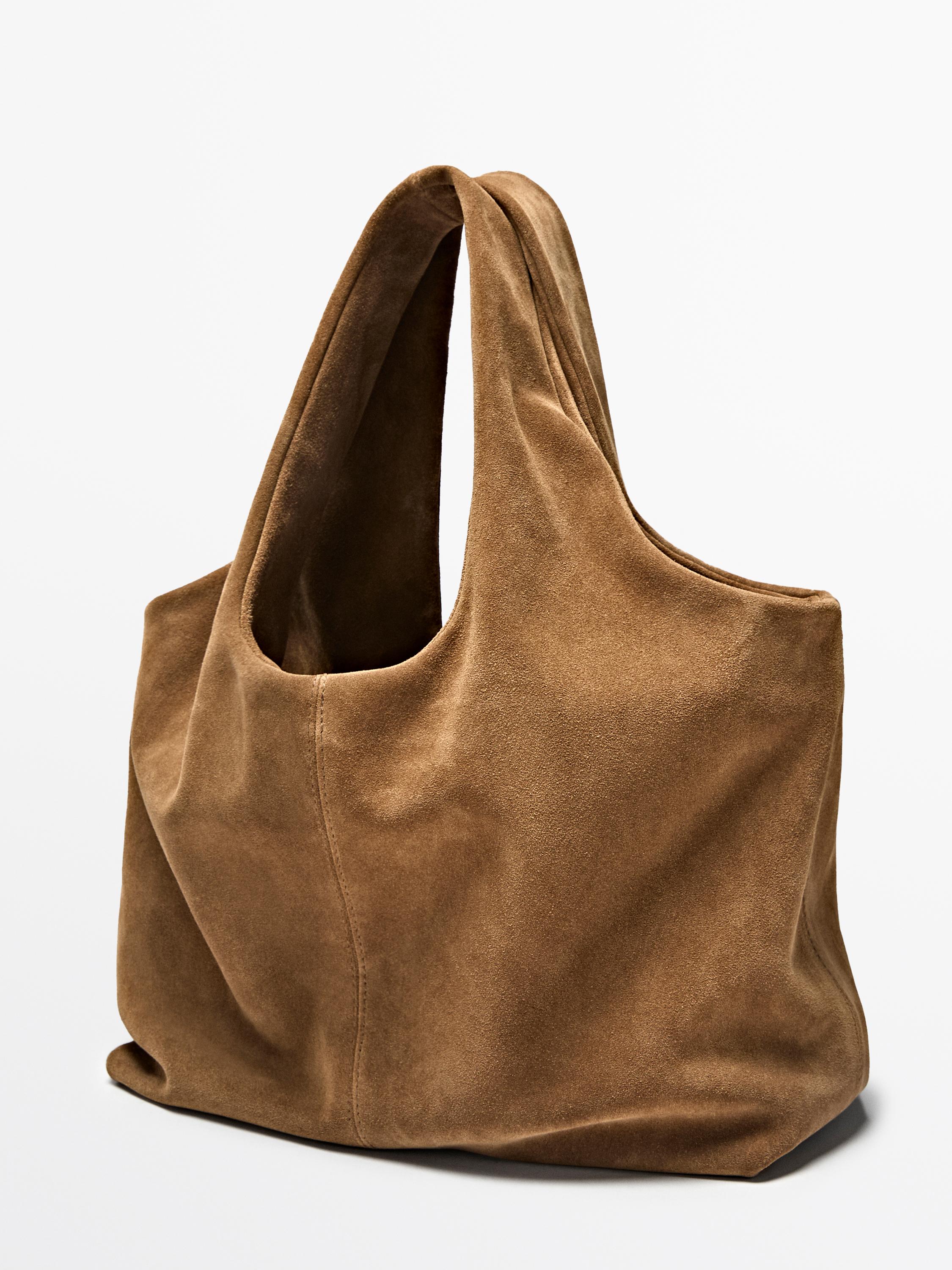 Medium split leather shopper bag — SAND