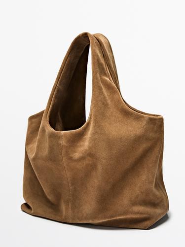 Medium split leather shopper bag — SAND 3