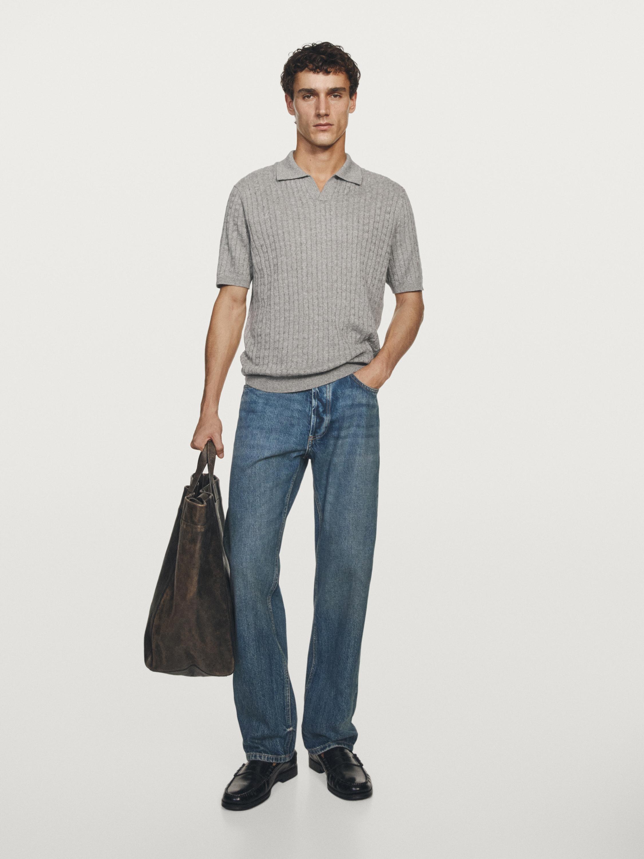 Cotton linen cable knit polo jumper