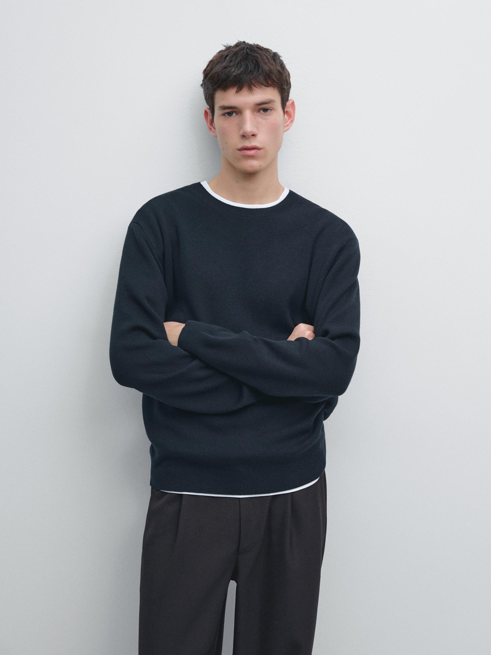 Sweter Ze 100% Bawełny Z Okrągłym Dekoltem - Granatowy - M - Massimo Dutti - Mężczyzna