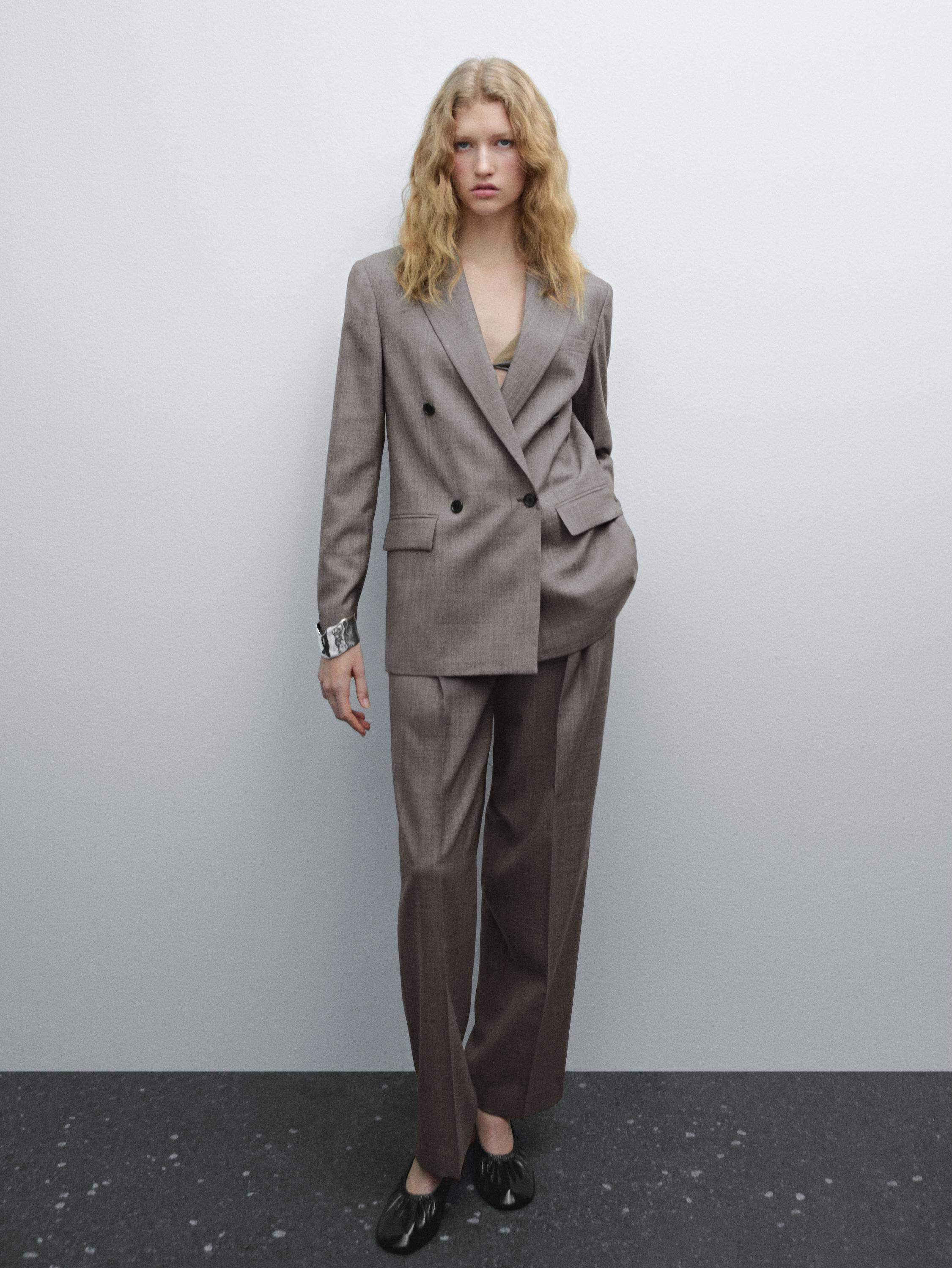 Pantalon chiné plissé en laine mélangée