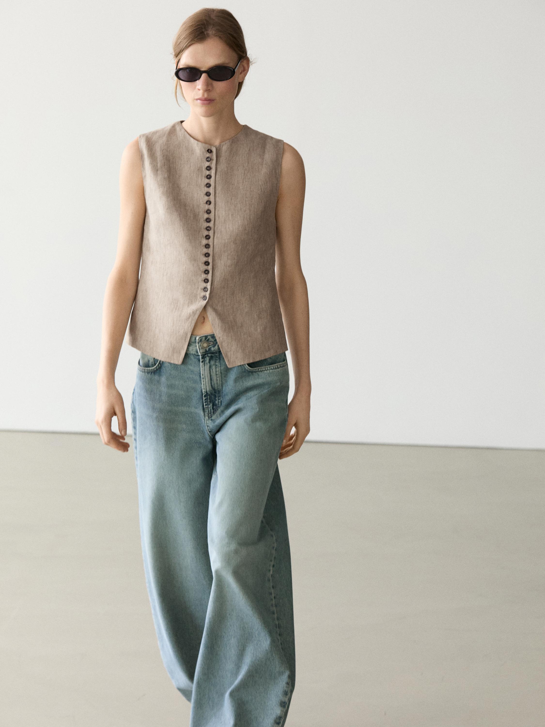 Linen melange waistcoat with buttons — BEIGE