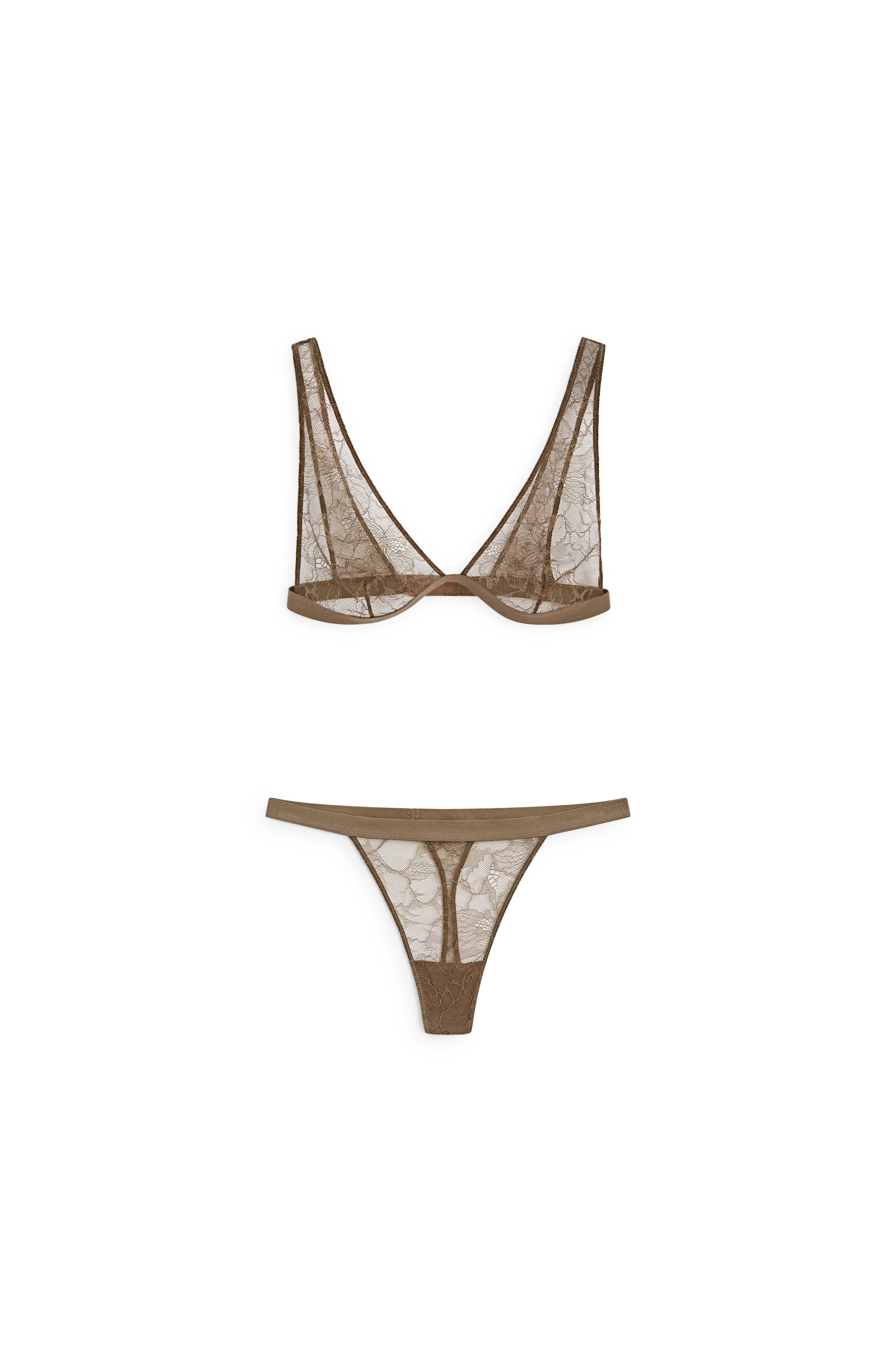 Elasticated floral lace thong — MINK