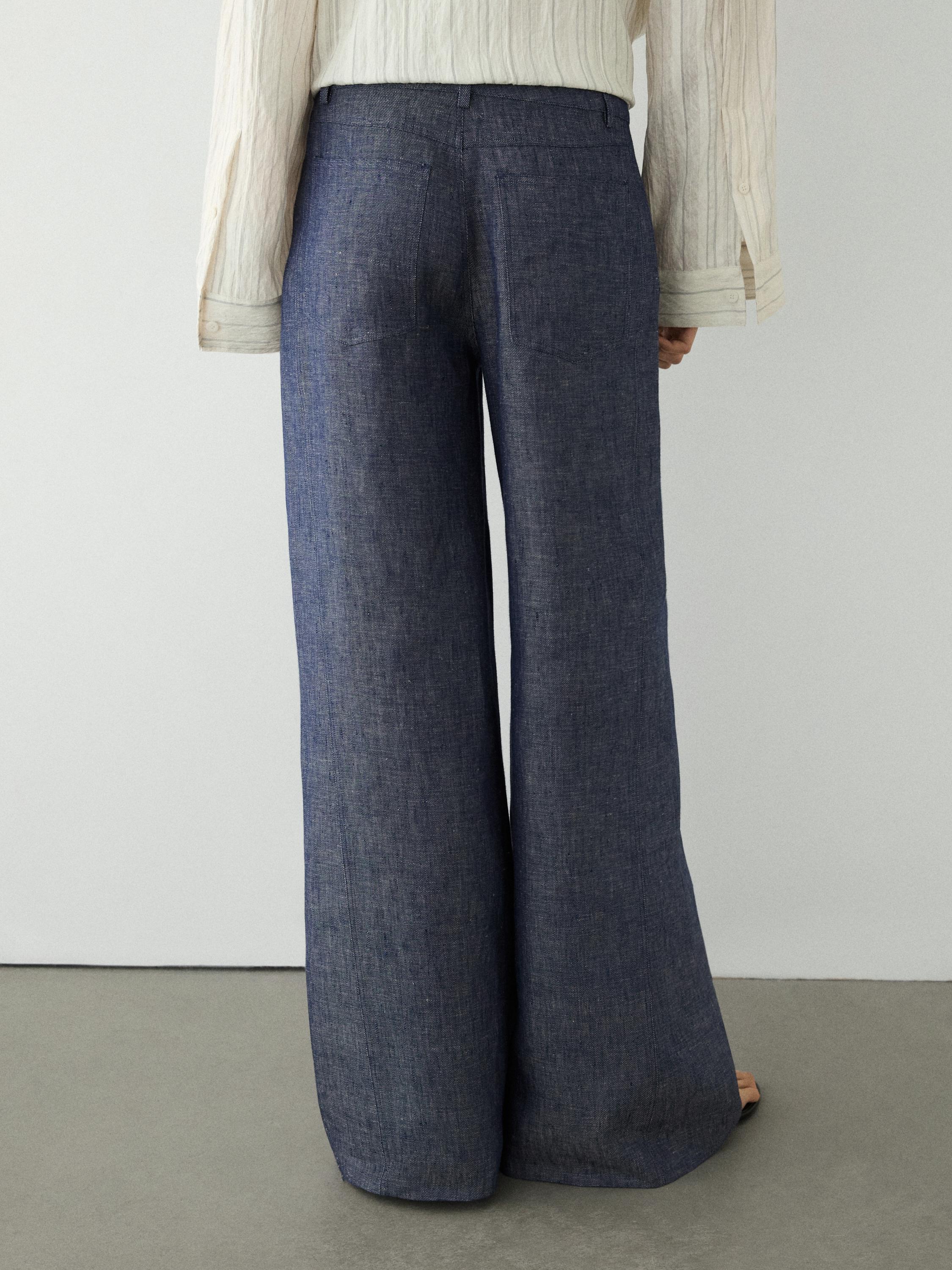 High-waist linen palazzo trousers — Dark Blue